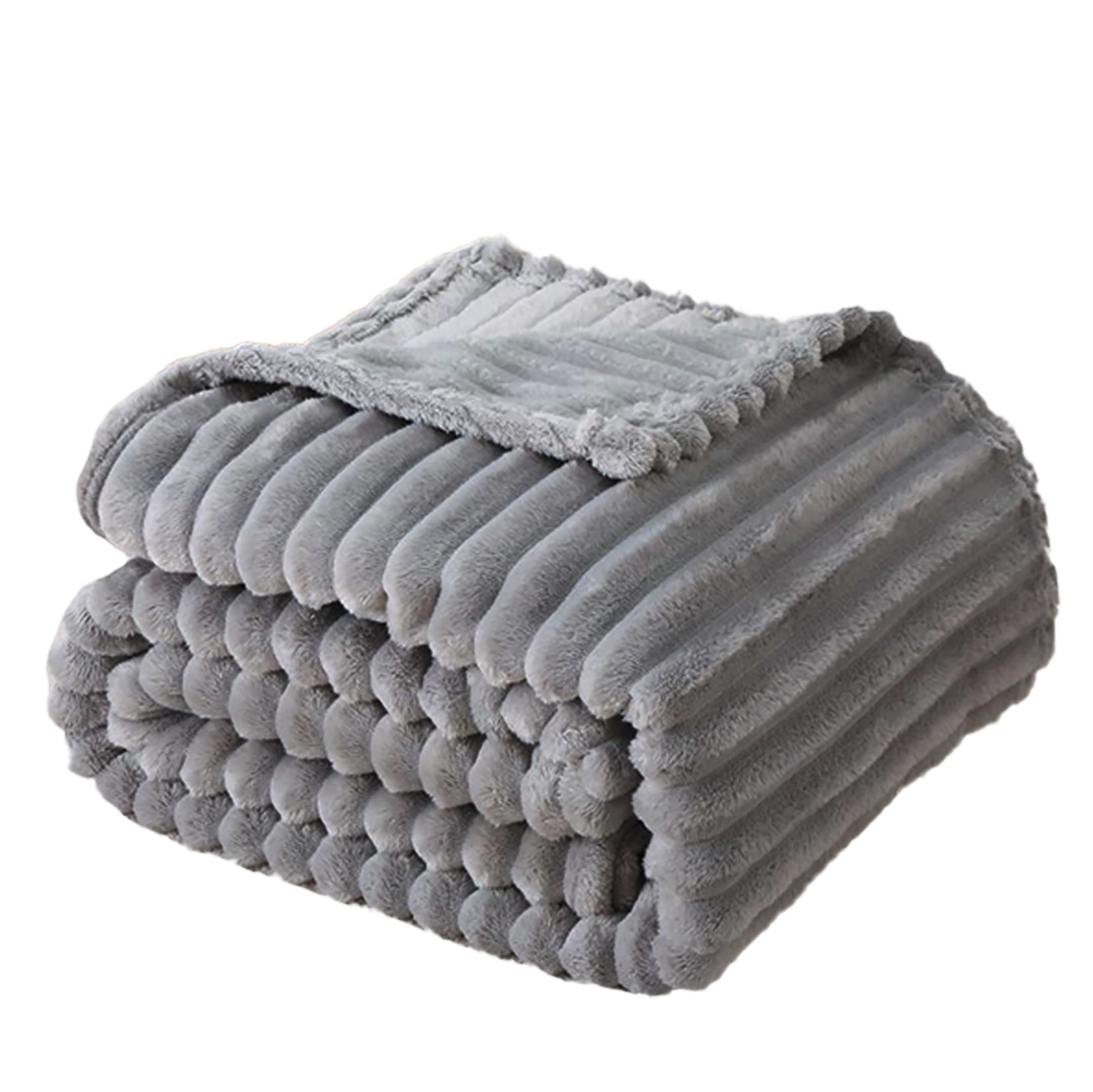 Rohi Silver Ribbed Throw Blanket Double Size 150cm x 200cm | Extra Soft & Fluffy Cozy Fleece Blanket | Lightweight Faux Fur Throws For Sofas & Bedroom