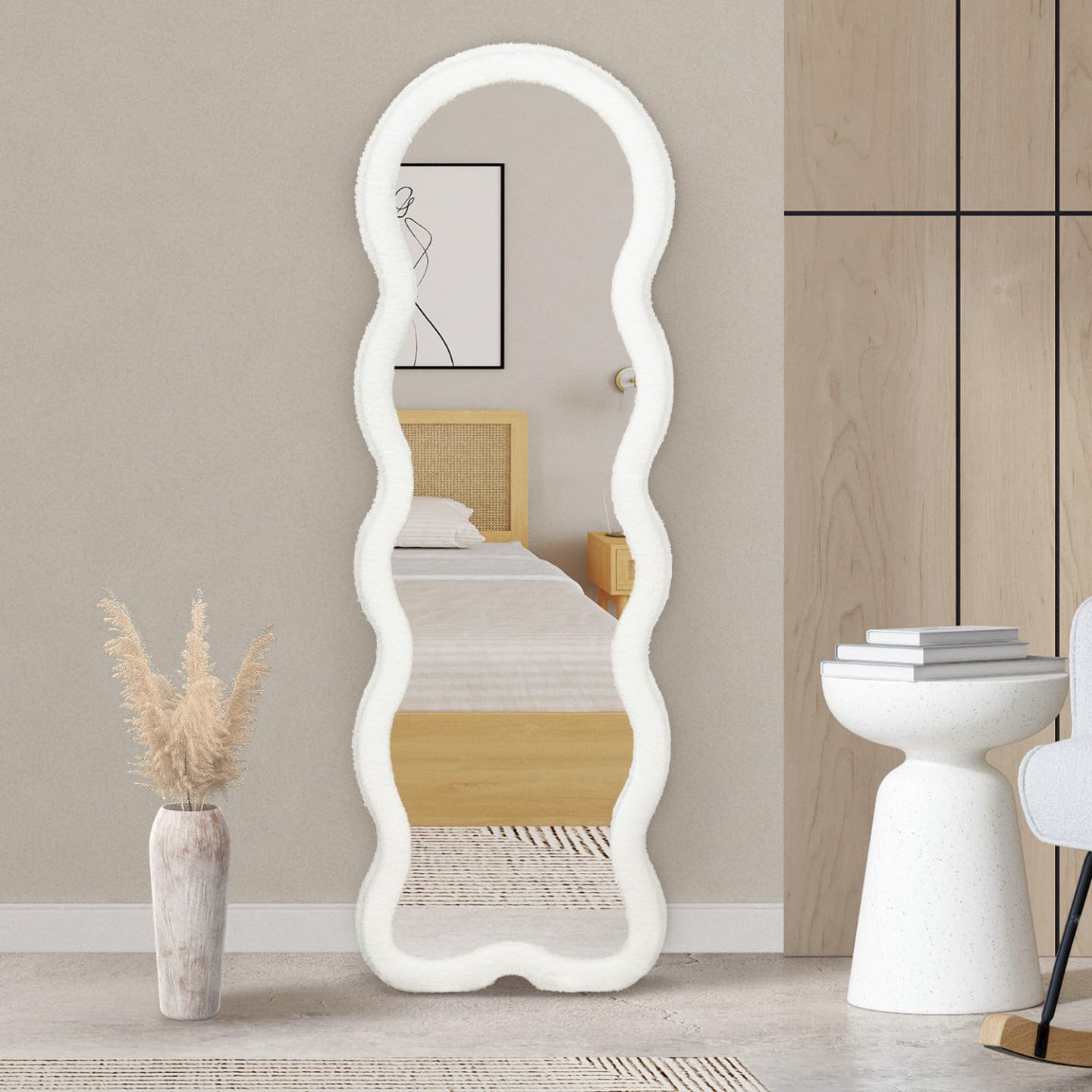 IDMarket - Miroir Vague en Tissu Bouclette crème 150 x 50 cm