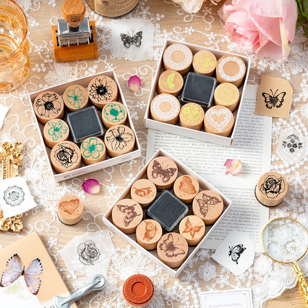 3 Wooden Rubber Stamps Sets, Cylindrical Flower&Lace&Butterfly Decorative Rubber Stamp Set with Ink,Wood Mounted Rubber Stamps for Scrapbook, Card Making, Bullet Journals and Arts & Craft