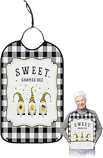 BOBOWUNY Summer Gnomes Adult Bibs for Elder Women Men Eating, Rustic Sweet Bee Black White Plaid Waterproof & Washable Bibs for Eating Clothing Protector Dining Bibs for Crumb Catcher