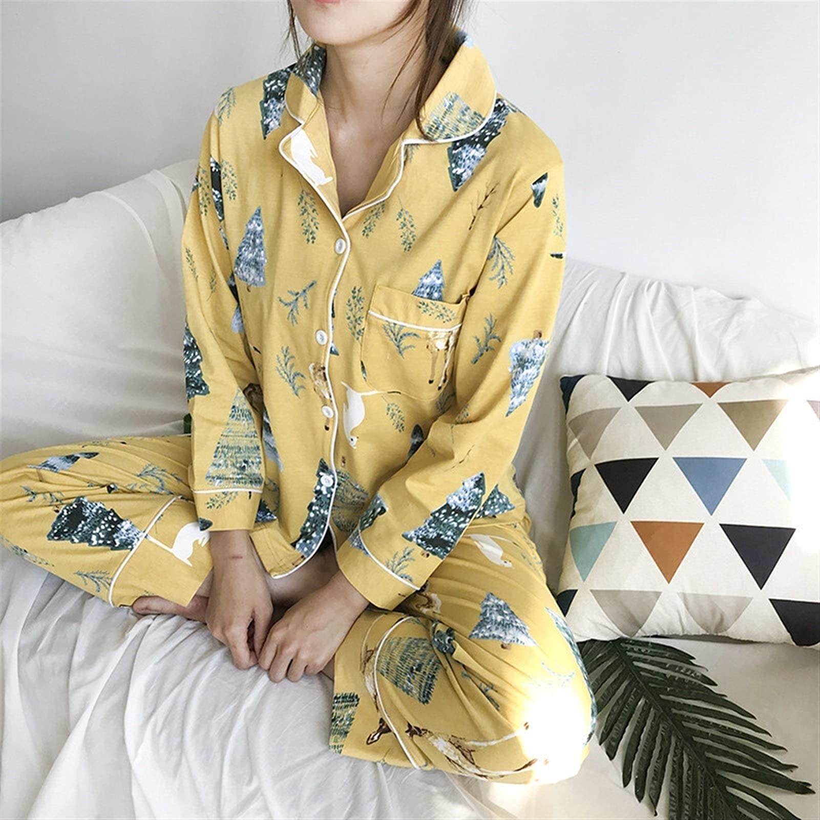 Pijama Mujeres 2 Piezas Pijamas Conjunto algodón Planta Suave impresión Animal Ocio Manga Larga Pantalones Primavera otoño Ropa de Dormir camisón(L Size)