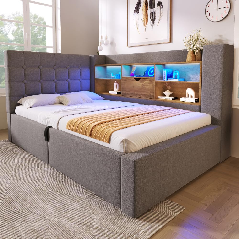 Cama tapizada de 140 x 200 cm con iluminación LED, canapé, estructura de cama, tela de lino, gris (colchón no incluido).