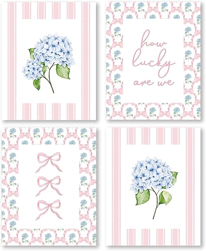 Miniatura 20 de Pleonox Juego de 4 impresiones artísticas florales de hortensias preppy retro de moda de 8 x 10 pulgadas, con texto en inglés «How Lucky Are We Azul