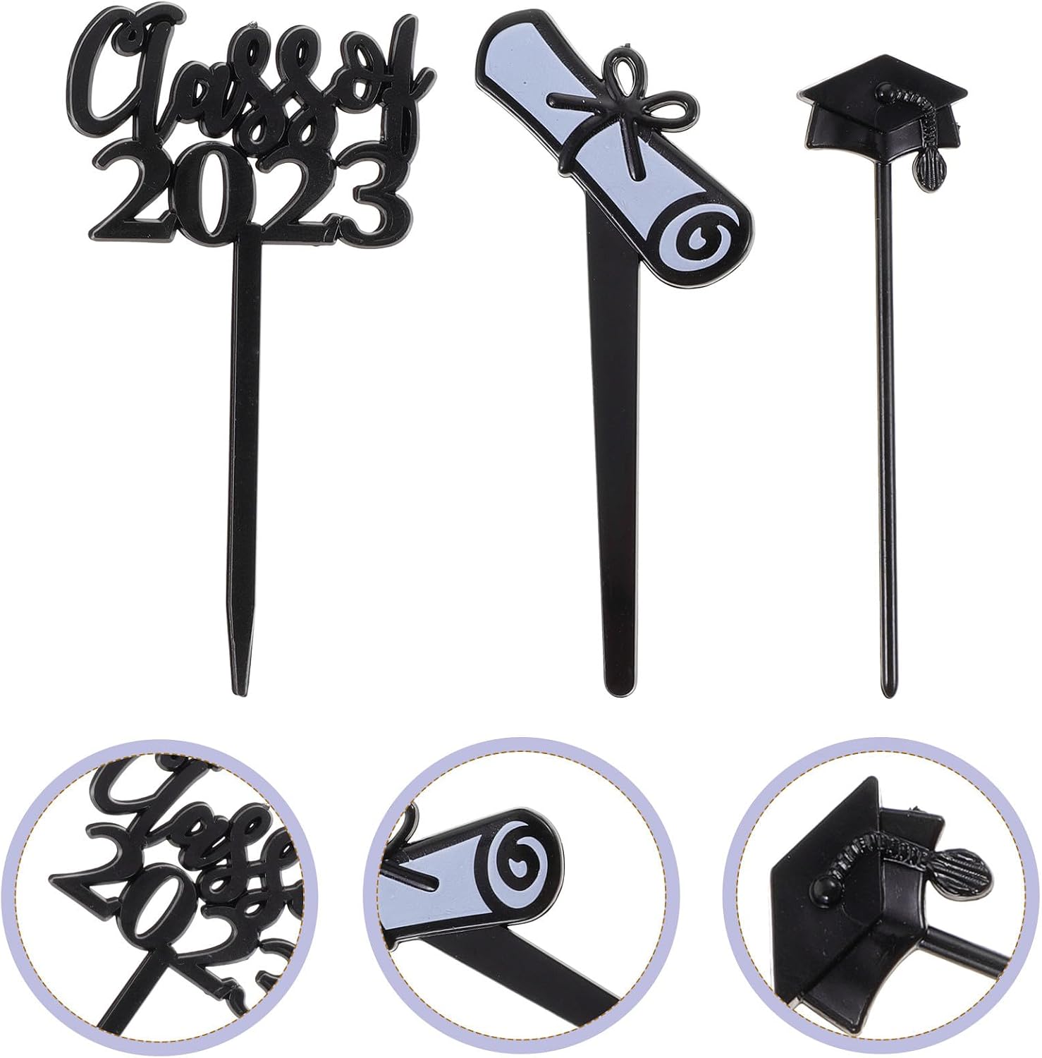 Mikinona 30Pcs Graduation Cake Decorations 2023 Grad Cake Supplies Black Non-Edible Cupcake Toppers for Graduation Party Picks