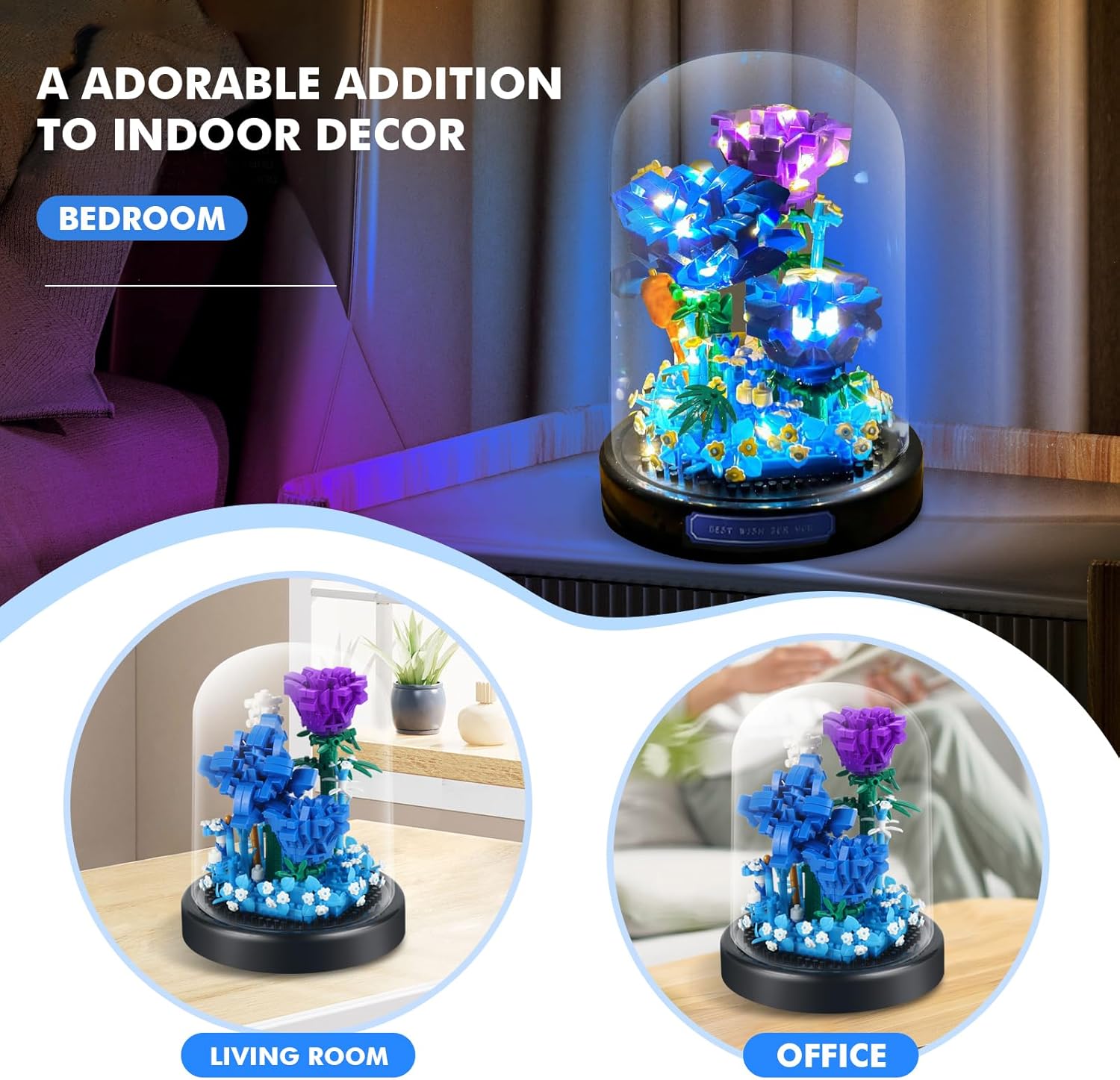 Flower Bouquets Building Sets with LED String Light and Dust Cover, 630 Pcs Blue Rose Bouquet Building Block Gifts for Mothers Day, Valentines Day, Birthday, Anniversary, Christmas