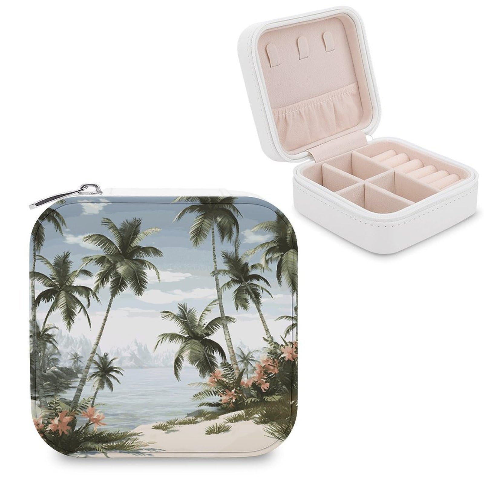 MUSM Tropical Palm Trees Travel Jewelry Case Personalized PU Leather Jewelry Boxes for Women Small Portable Jewelry Organizer Box Cute Trinket Box for Necklaces Rings Earrings & Gifts