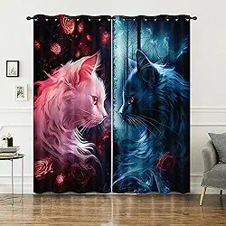 AILONEN Cortinas de janela de gato preto e vermelho para meninas, decoração de quarto de meninos, cortinas com design de tema animal para amantes de gatos, cortinas de tratamento de janela rosa