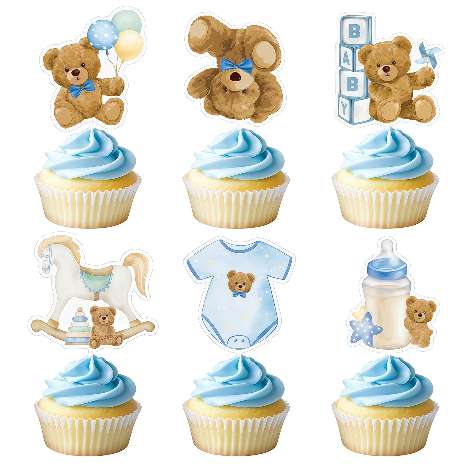 CharmeFleur 24 Pieces Bear Cupcake Decorations Baby Boy Blue Bears Baby Shower Decorations We Can Hardly Wait Cupcake Toppers