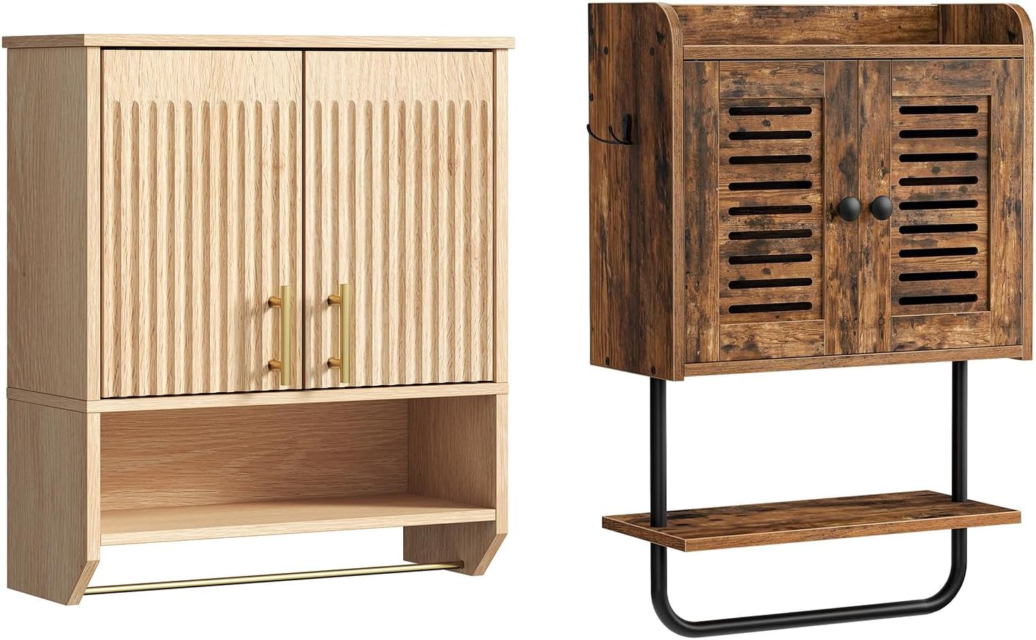 HOOBRO Fluted Bathroom Wall Cabinet Bundle, Farmhouse Medicine Cabinet with 2 Fluted Doors, Bathroom Wall Cabinet with Towel Bar, Adjustable Shelf, BF46CW01-NL135CW01
