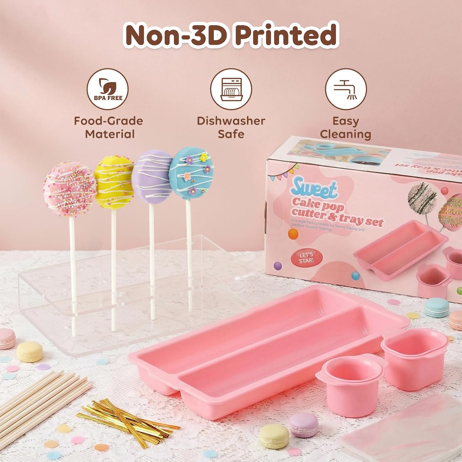 WELTOKE 354Pcs Cake Pop Mold Kit,Cake Pop Cutter and Pusher with Trays,Cake Pop Sticks and Wrappers,Cakesicle Mold for Birthday, Home Baking, Parties, Wedding Desserts, Christmas (Pink) image 4