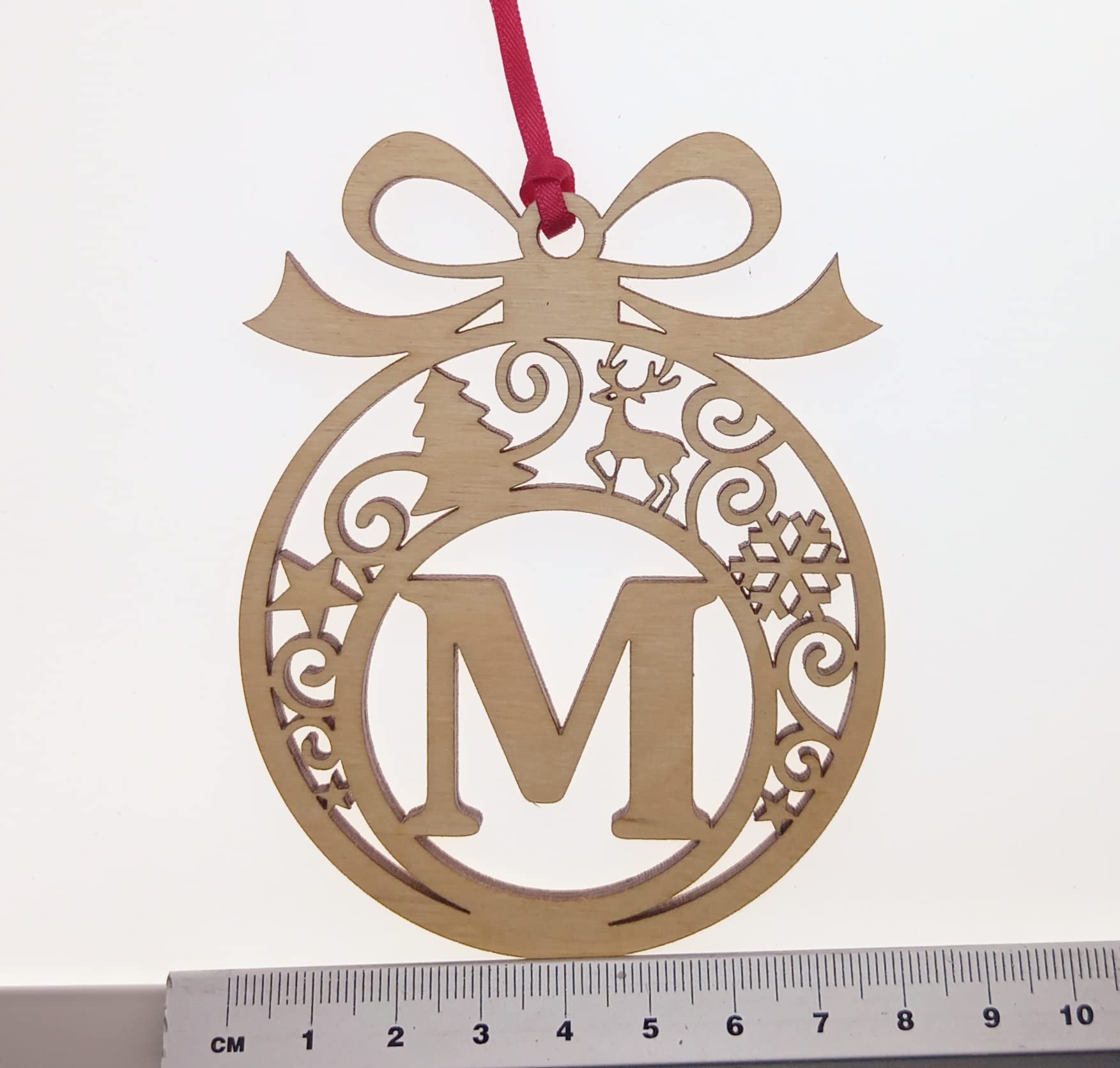 Personalised Christmas tree bauble decoration pendant ornament: Letter M, Natural Wood, Small - Image 2