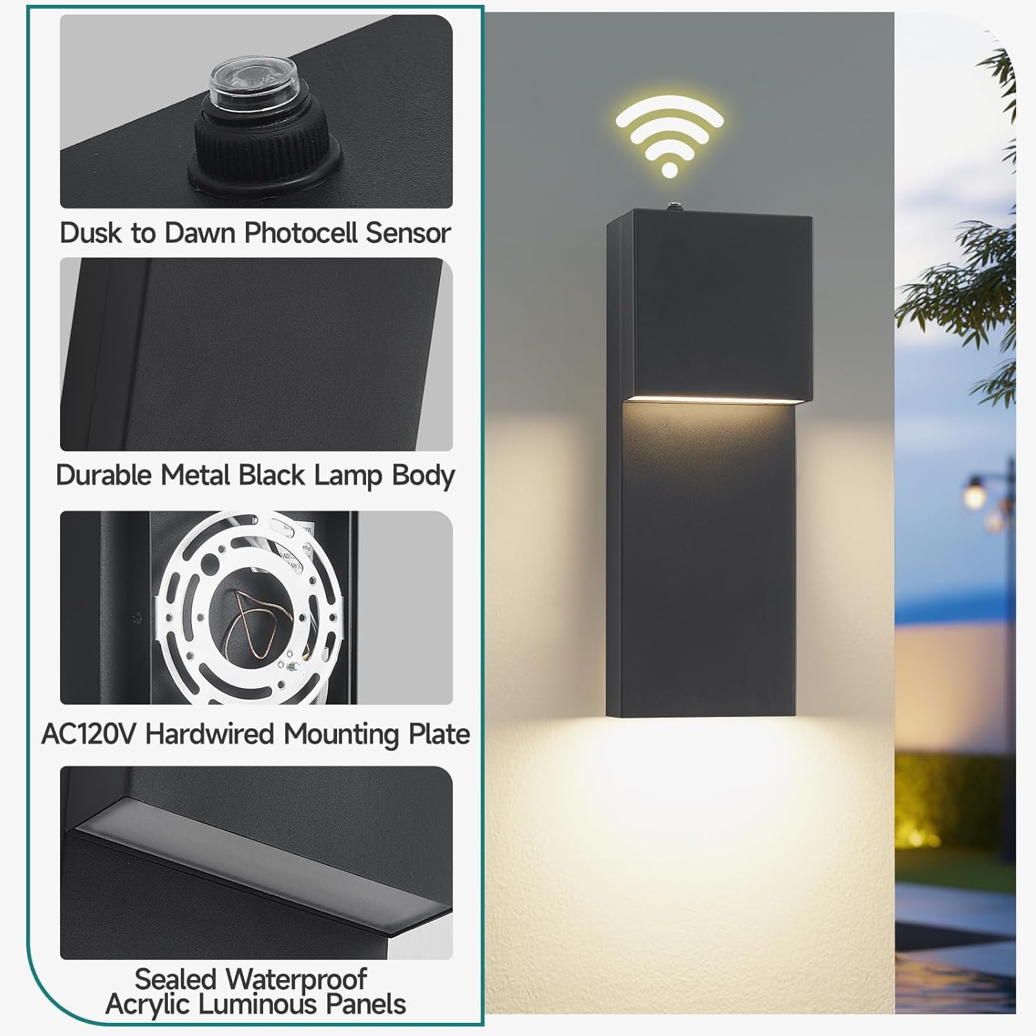 Modern LED Outdoor Wall Sconce, Dusk to Dawn Outdoor Lighting, Black Porch Lights Outside Wall Mount Lights for House Porch Garage, 15 Inch 3000K 1 Pack
