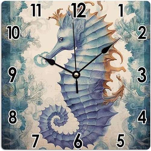 Miniatura 9 de Reloj de pared colgante de caballito de mar en acuarela costera vintage, océano, fondo marino, mundo, animales, PVC, reloj de pared de verano para