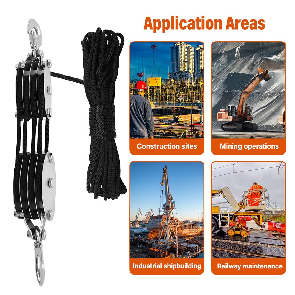 Polea de carga pesada, sistema de poleas de 2000 kg, capacidad de elevación máxima 8:1, rotación de 270°, ahorro de trabajo, cable de alto rendimiento con nailon de 20 m, para garajes de caza