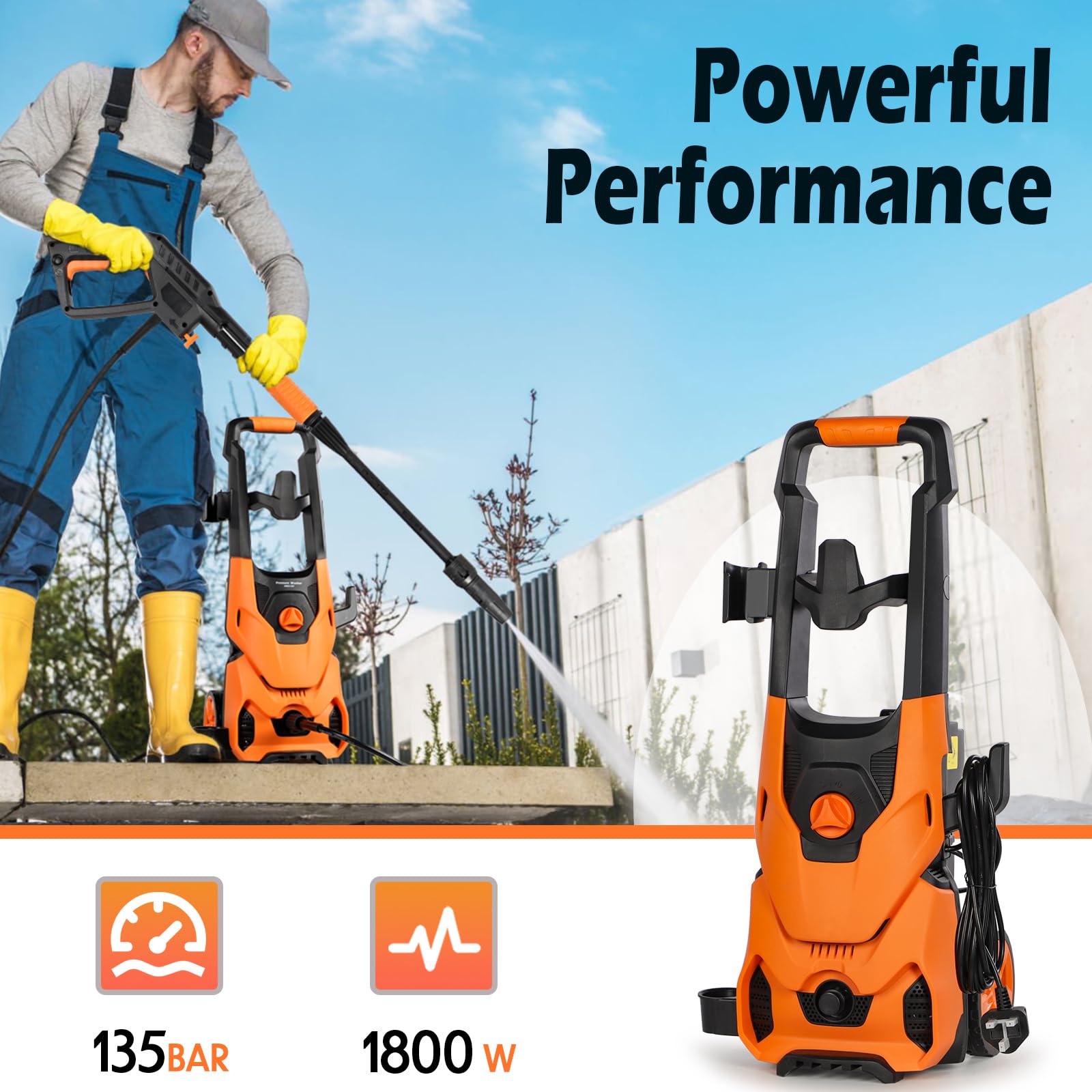 Lavadoras a presión 1800w máx.135 Bar Hidrolavadora 10m Manguera 5m Cable de alimentación, Lavadora a Chorro Boquilla Ajustable Accesorio, Cañón de Espuma, Hidrolimpiadora