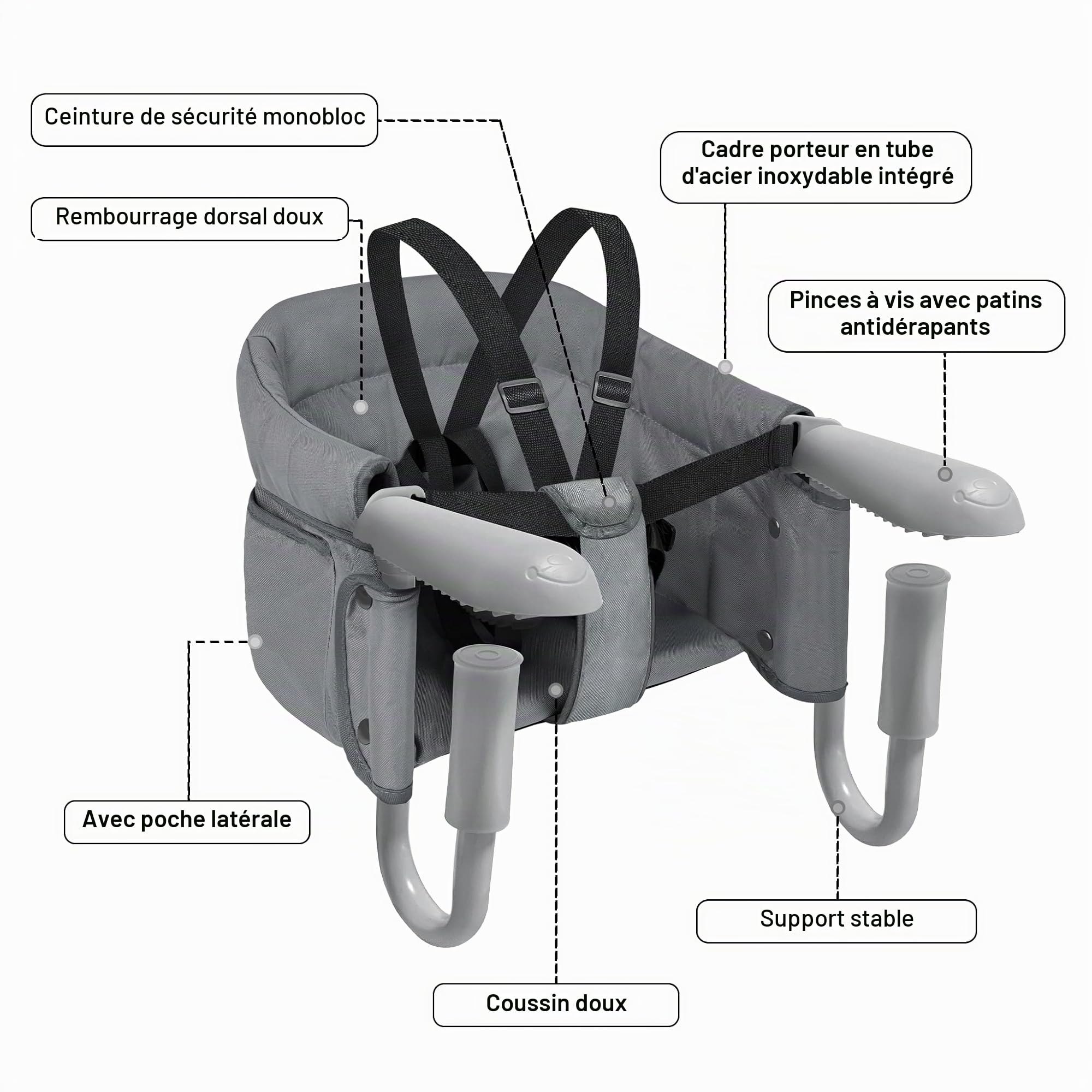 LARS360 Siège de table pour bébé - Pliable - Pour la maison et les déplacements - Convient pour les enfants de 6 à 36 mois avec un poids de moins de 15 kg - Gris