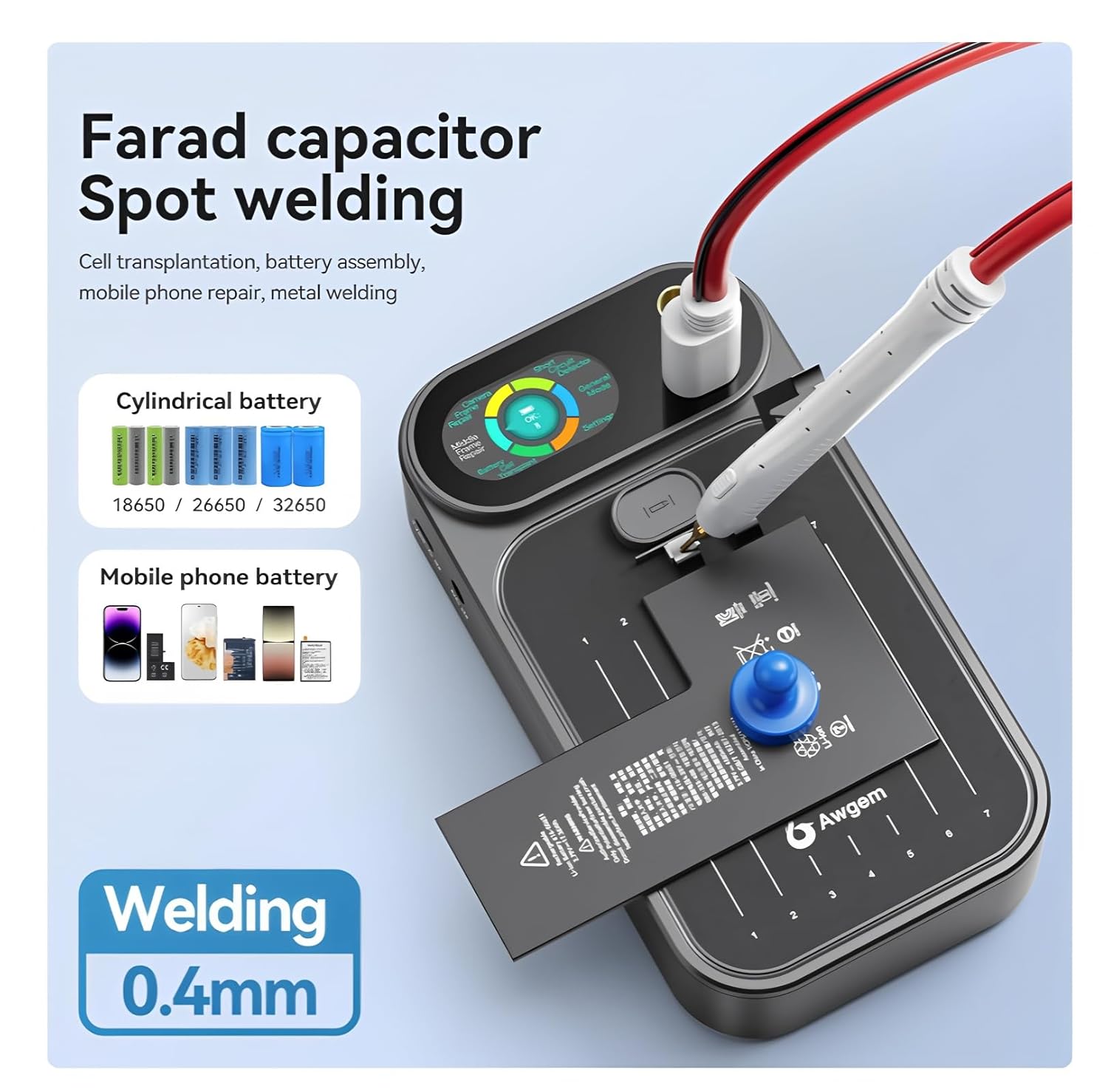 Farad capacitor spot welding for cell transplantation, battery assembly, mobile phone repair, and metal welding. Shows welding of cylindrical batteries (18650, 26650, 32650) and mobile phone batteries up to 0.4mm thickness.