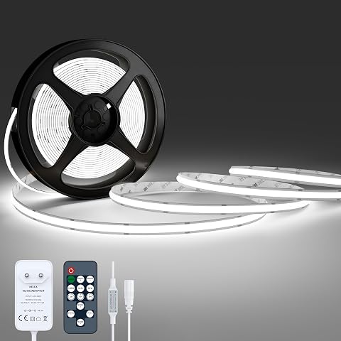 Tira LED COB Interior Blanco Frío 5m, Luces LED Cocina Blanca Decoración Habitación, LED Strip Light 24V, Regulable, Adhesiva, 480LED/m, 6500K. Incluye Mando a Distancia y Adaptador.