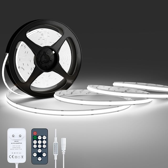 Tira LED COB Interior Blanco Frío 5m, Luces LED Cocina Blanca Decoración Habitación, LED Strip Light 24V, Regulable, Adhesiva, 480LED/m, 6500K. Incluye Mando a Distancia y Adaptador.
