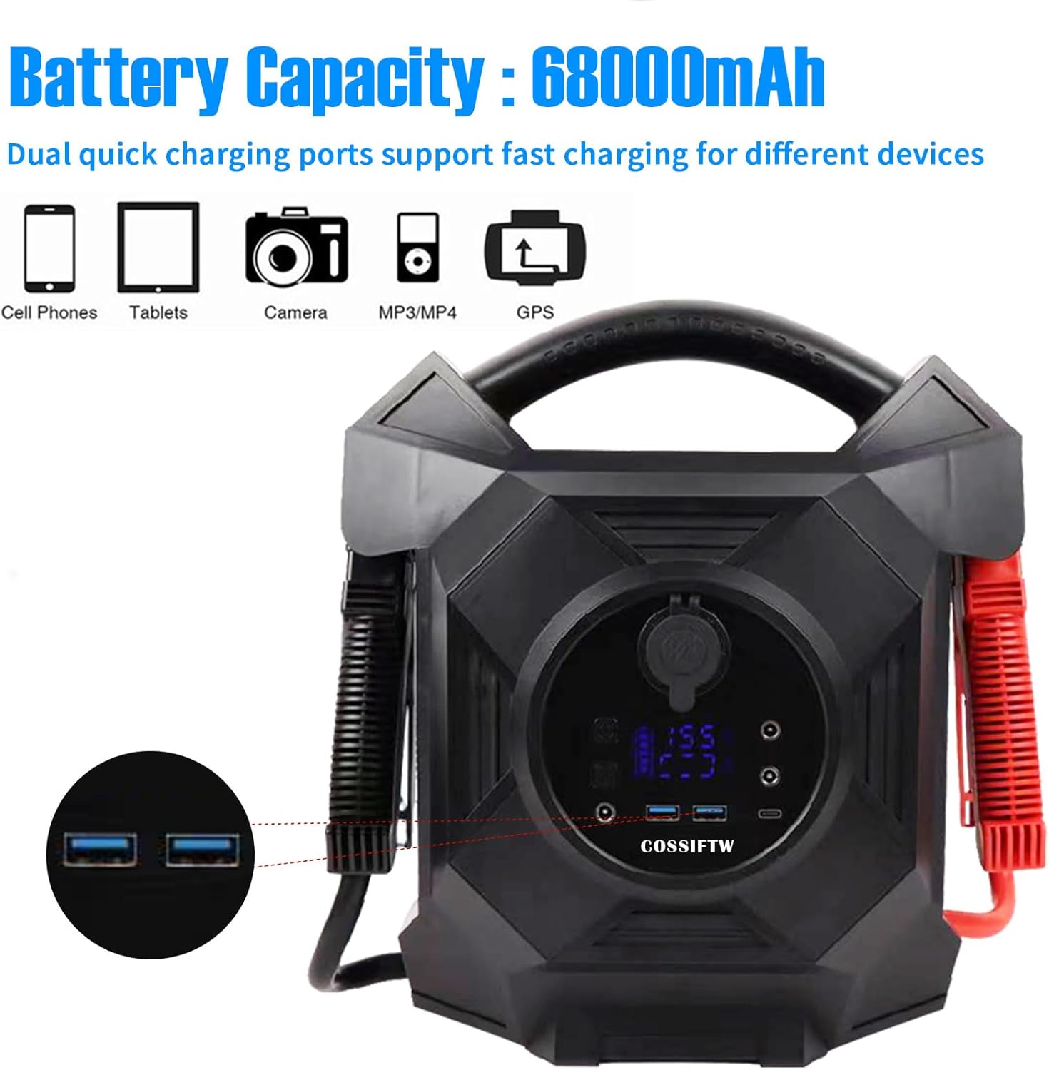 Ultra-Powerful Jump Starter - 10000A 12V/24V Battery Booster Pack with Commercial Jumper Cables, LED Lighting & Multi-Device Charging for Diesel Engines up to 50L