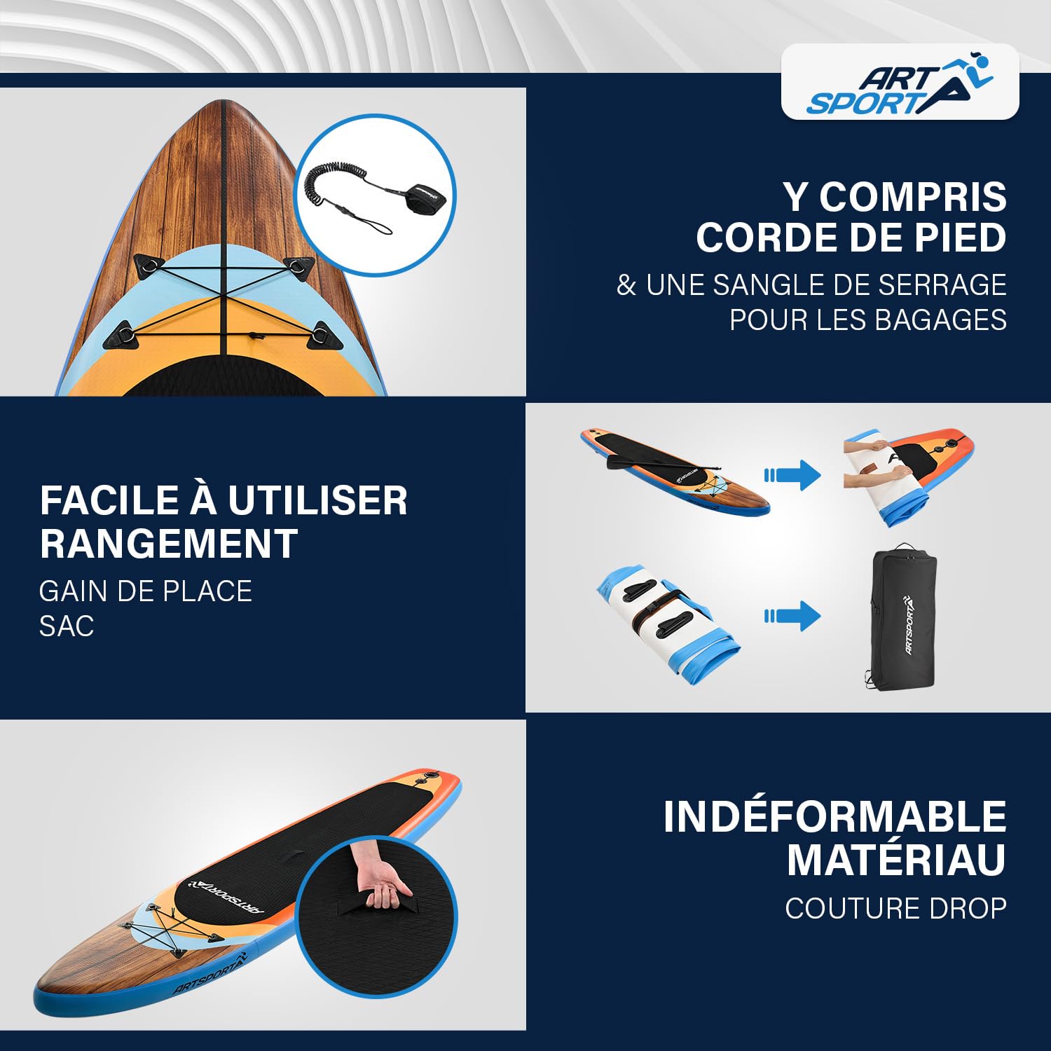 ArtSport Planche de Stand Up Paddle en kit Gonflable 320 cm – 150 kg – Leash, Pompe, pagaie, Sac et Accessoires – Planche de Sup