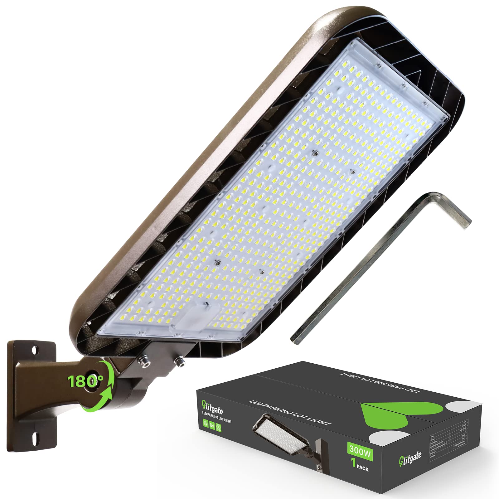 Glitgate 300W LED Parking Lot Light Adjustable Arm Mount with Photocell