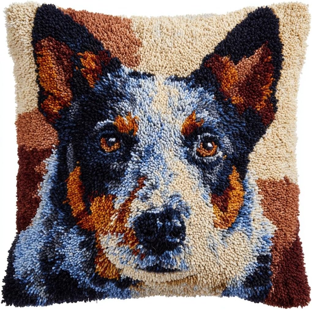 Latch Hook Pillow Kit Australian Cattle Dog Portrait with Pre-Printed Pillow Cover DIY Pillowcase Crochet Yarn Hooking Craft Set for Hobby and Home Decor 43x43cm-2