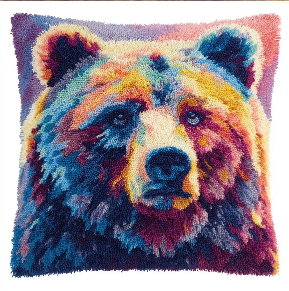 kitphoenix Latch Hook Kits, Latch Hook Kit for Beginners Watercolor Bear Animal Throw Pillow Cover Pattern Printed Sofa Cushion Crochet Needle for Carpet Embroidery 17X17Inch
