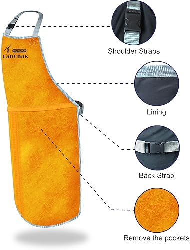 Miniatura 3 de Delantal de cuero para taller de trabajo con bolsillo, correas de hebilla, resistente al calor y a las llamas, delantal de soldadura resistente