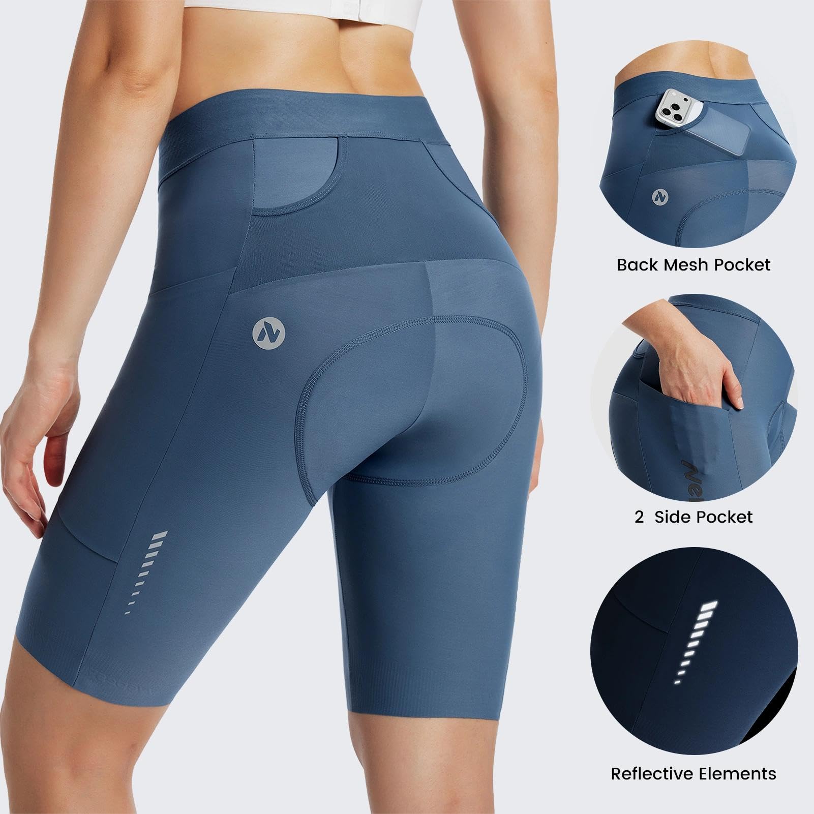 Nepest Pantalones cortos de ciclismo 4D para mujer, con acolchado y bolsillos, UPF 50+, reflectantes, transpirables