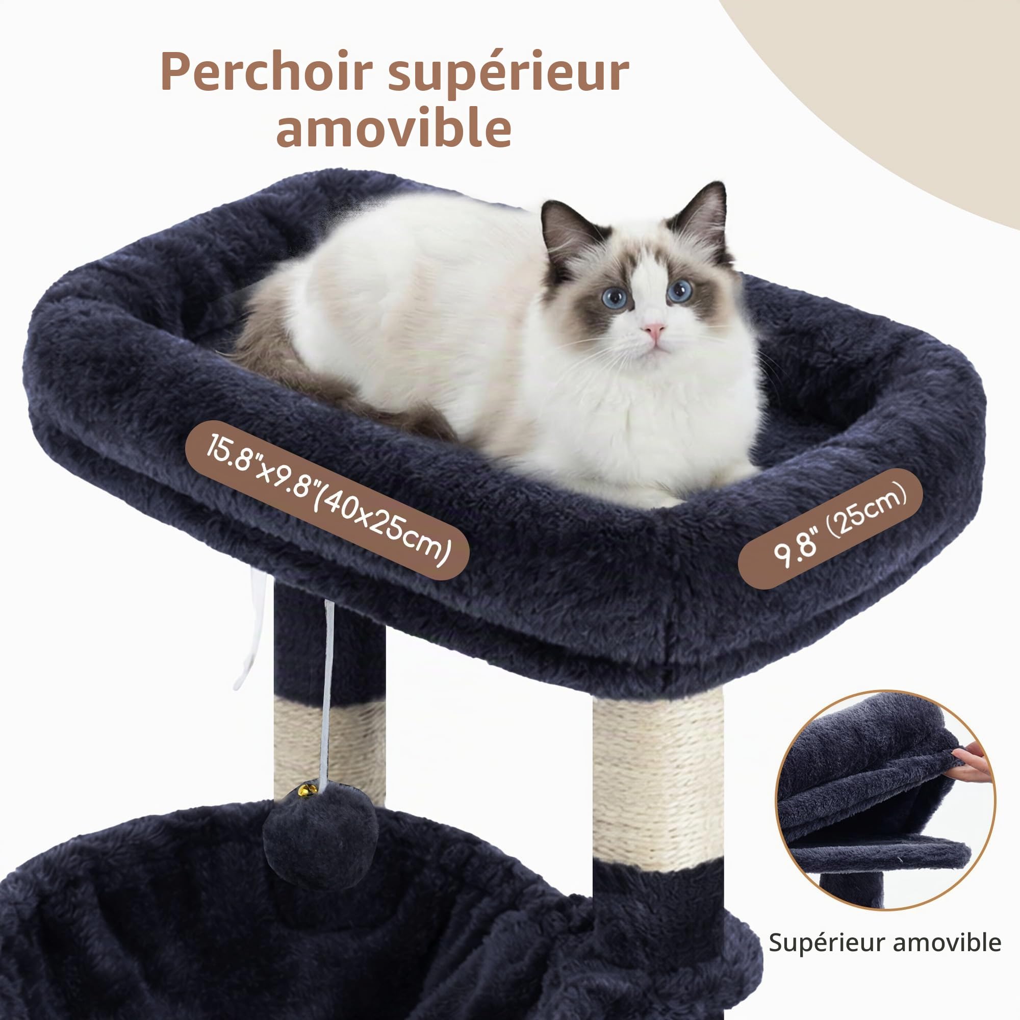Gitelsnour Arbre à Chat, Tour de Jeux pour Chat Stable de 102 cm de Hauteur avec Niche, 2 Paniers Suspendus, Grande Plateforme d’Observation, Planche à griffer pour l’intérieur, Gris Foncé GCT003SG