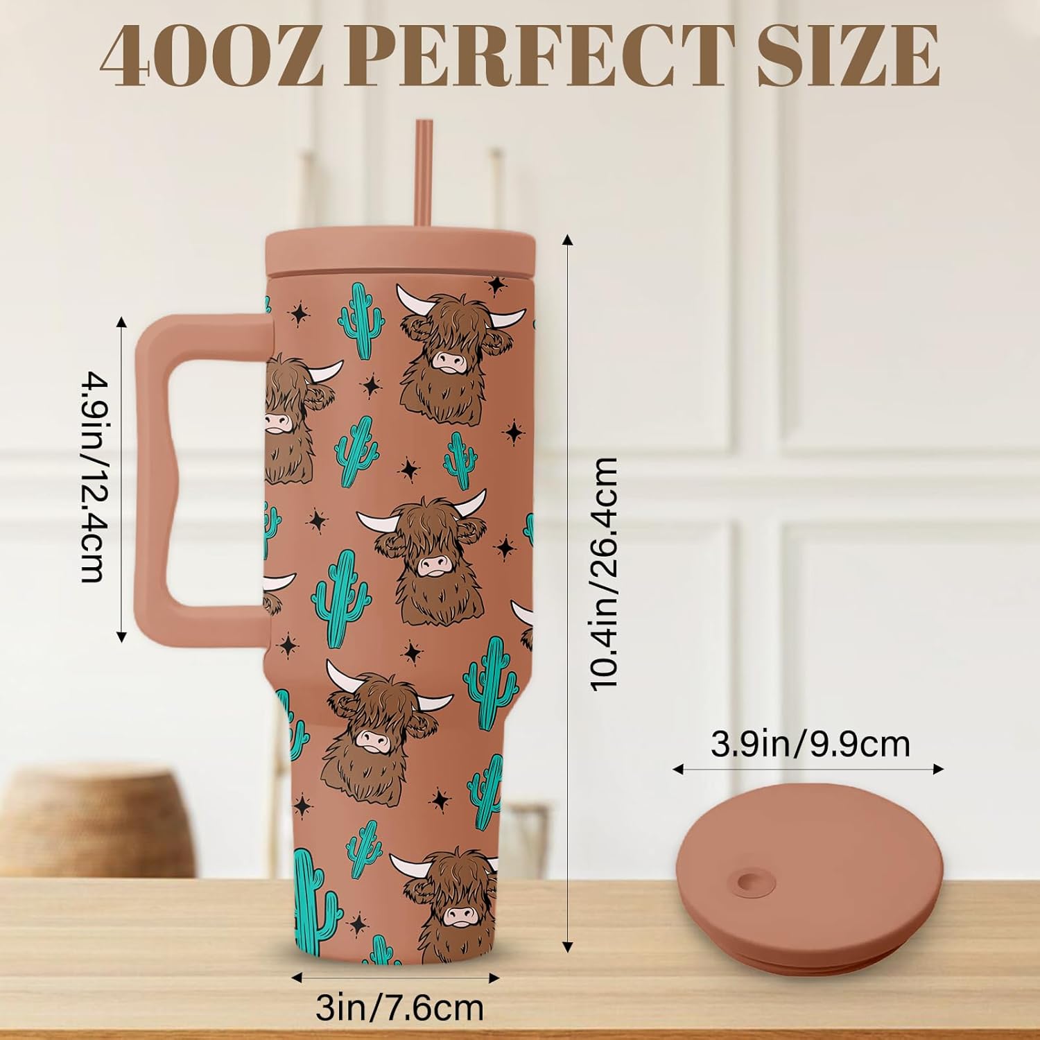 Highland Cow Tumbler 40 Oz, Highland Cow Gifts For Women, Cute Yak Tumbler With Handle, Birthday Gifts For Cowgirls Animal Lovers, Cowgirl Khaki Insulated Tumblers Cup - Image 3