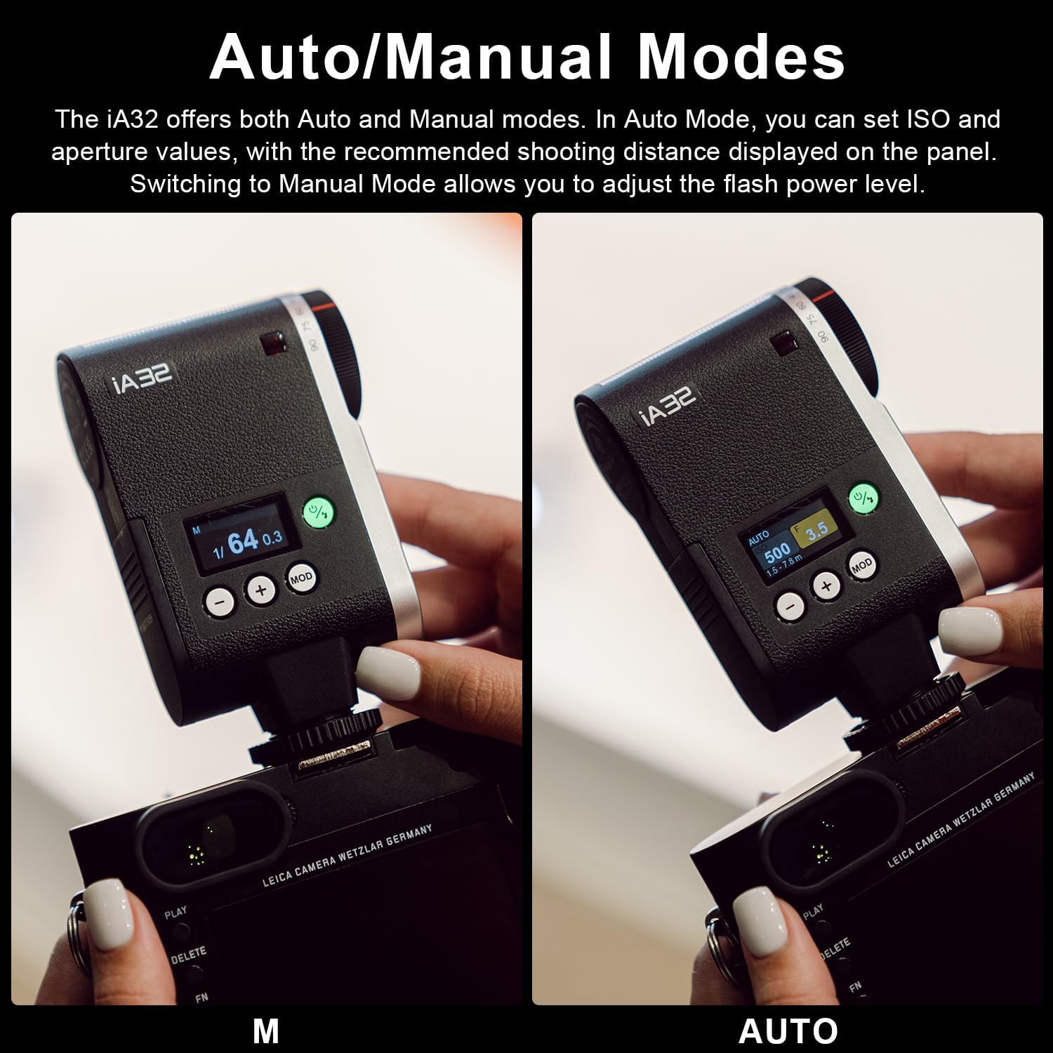 Godox iA32 LCD display showing Manual and Auto modes