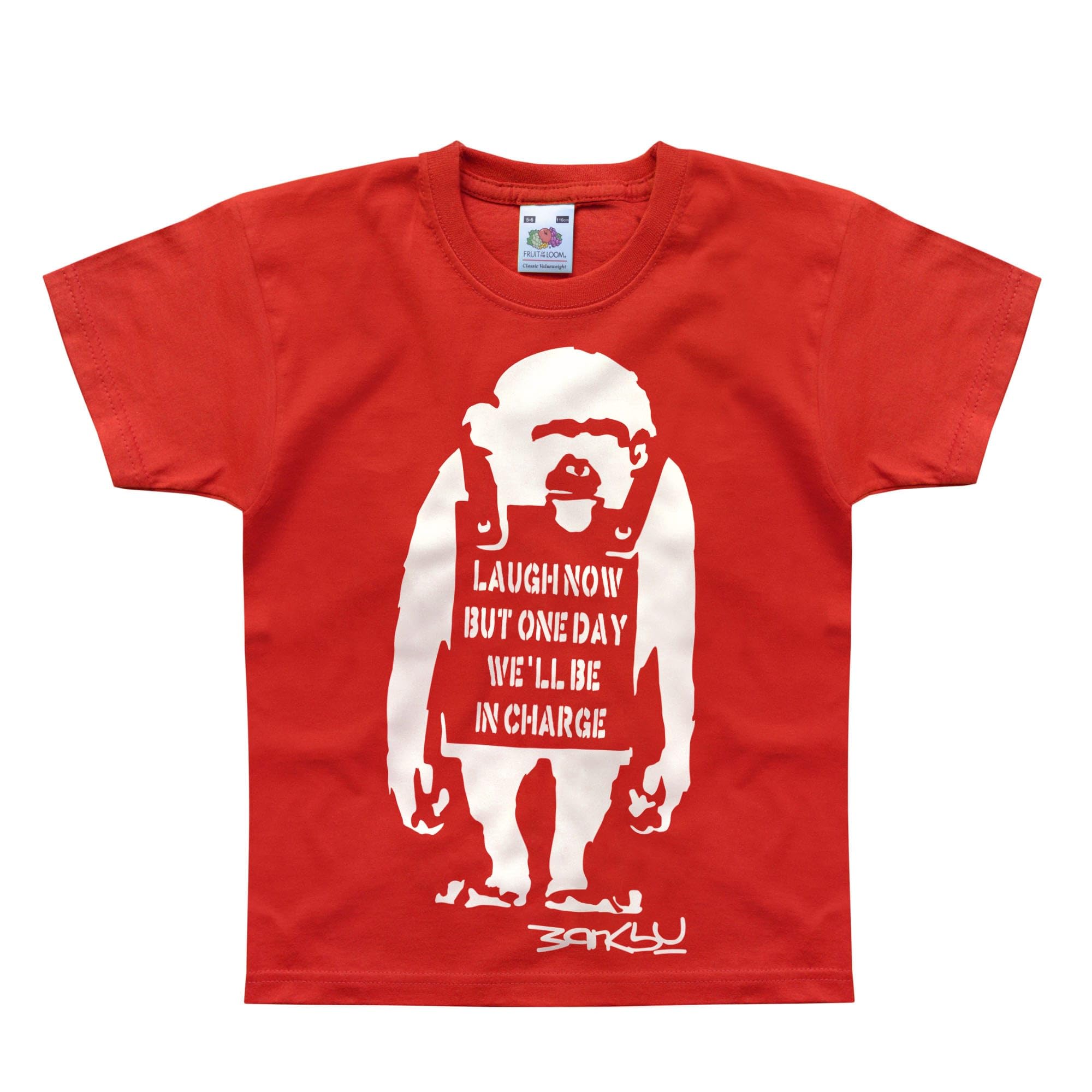 Nutees Girls Red Banksy Laugh Now Monkey Art Funny Ape Kids T-Shirt (Red), 8 Years