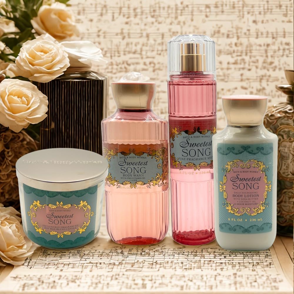 Bath & Body Works SWEETEST SONG 4-piece Deluxe Gift Set – Fine Fragrance Mist, Body Wash, Body Lotion & 3-wick Scented Candle with Pink Tote Bag - Image 8