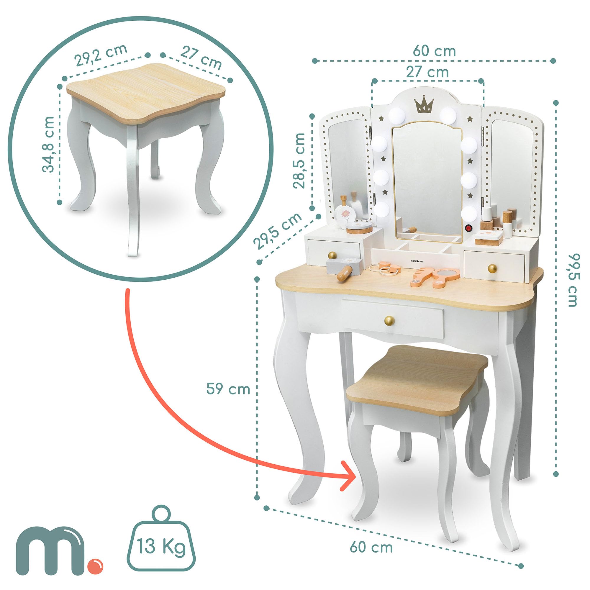 Mamabrum Coiffeuse en Bois pour Enfants 3+, XXL avec Tabouret et éclairage LED, Miroir à 3 Ailes, Grand tiroir, Accessoires, Maquillage de rôle, Structure Solide, Transformable en Bureau