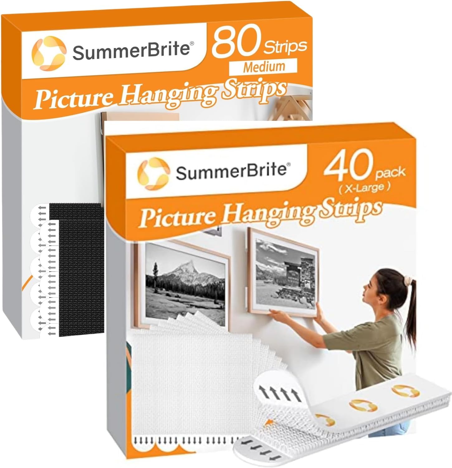 Picture Hanging Strips (40 Strips/XL/White) Bundle with (80 Strips/M/Black) Wall Strips, Damage Free Hanging Picture Hangers,Picture Hanging Hooks, White