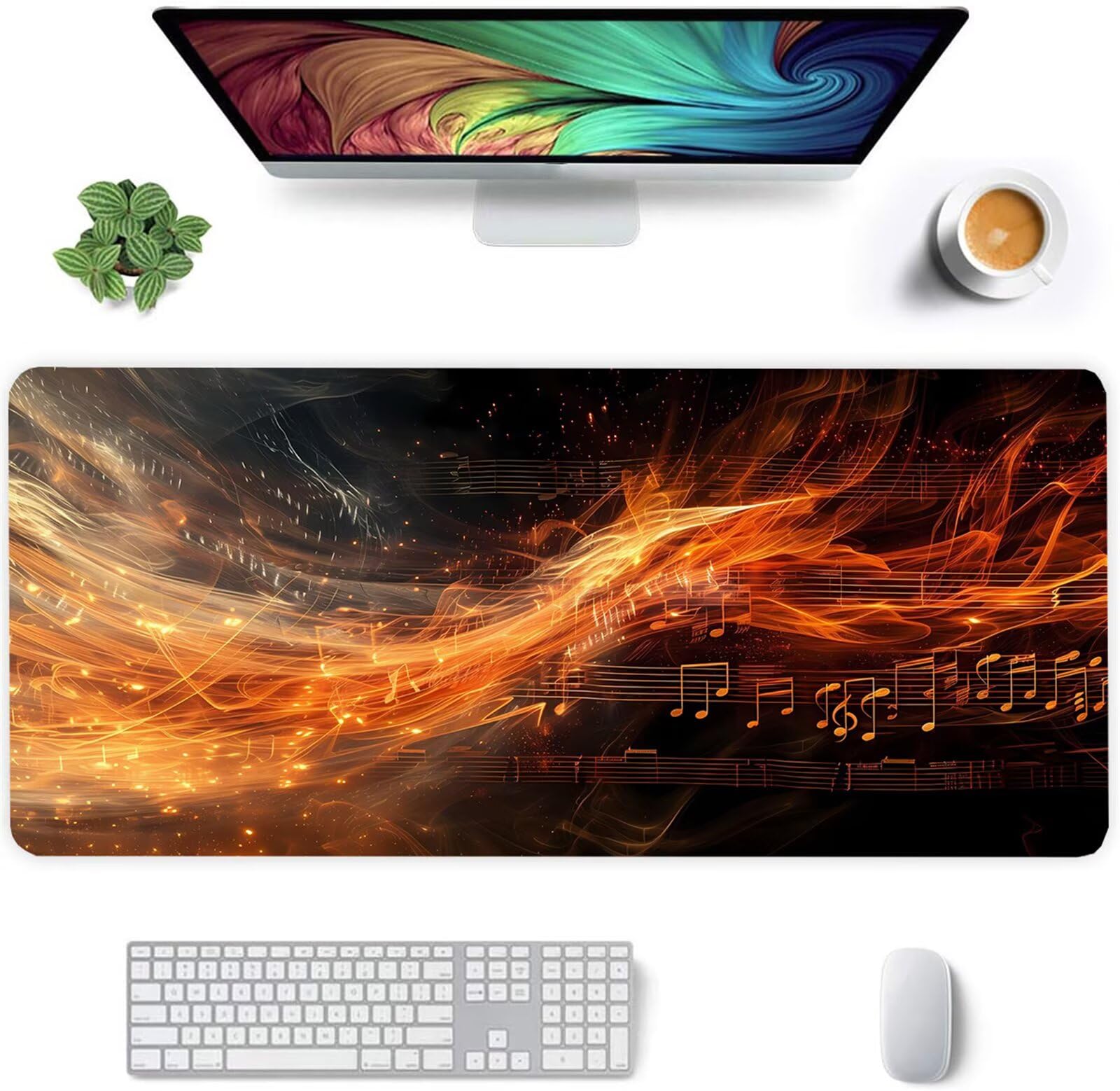 Alfombrilla Ratón XXL 1200x600x2mm Mouse Pad Grande Gaming,Alfombrilla Antideslizante,Tapete Escritorio con Bordes Cosidos,Alfombrilla Ratón para Jugadores, PC, Oficina, Notas Musicales de Flames