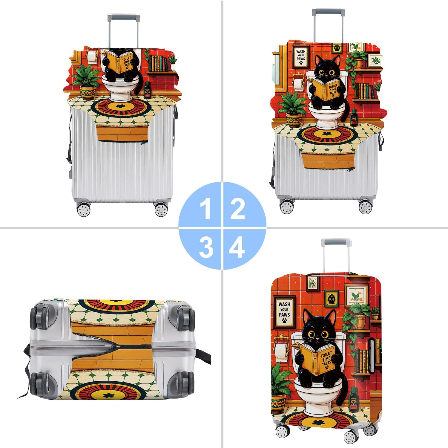 Funny Black Cat Luggage Cover, Stretch Suitcase Protector with Zipper and Buckle, Cartoon Cat Travel Cover, Washable Luggage Protector for 18-22 Inch Suitcases,S image 4