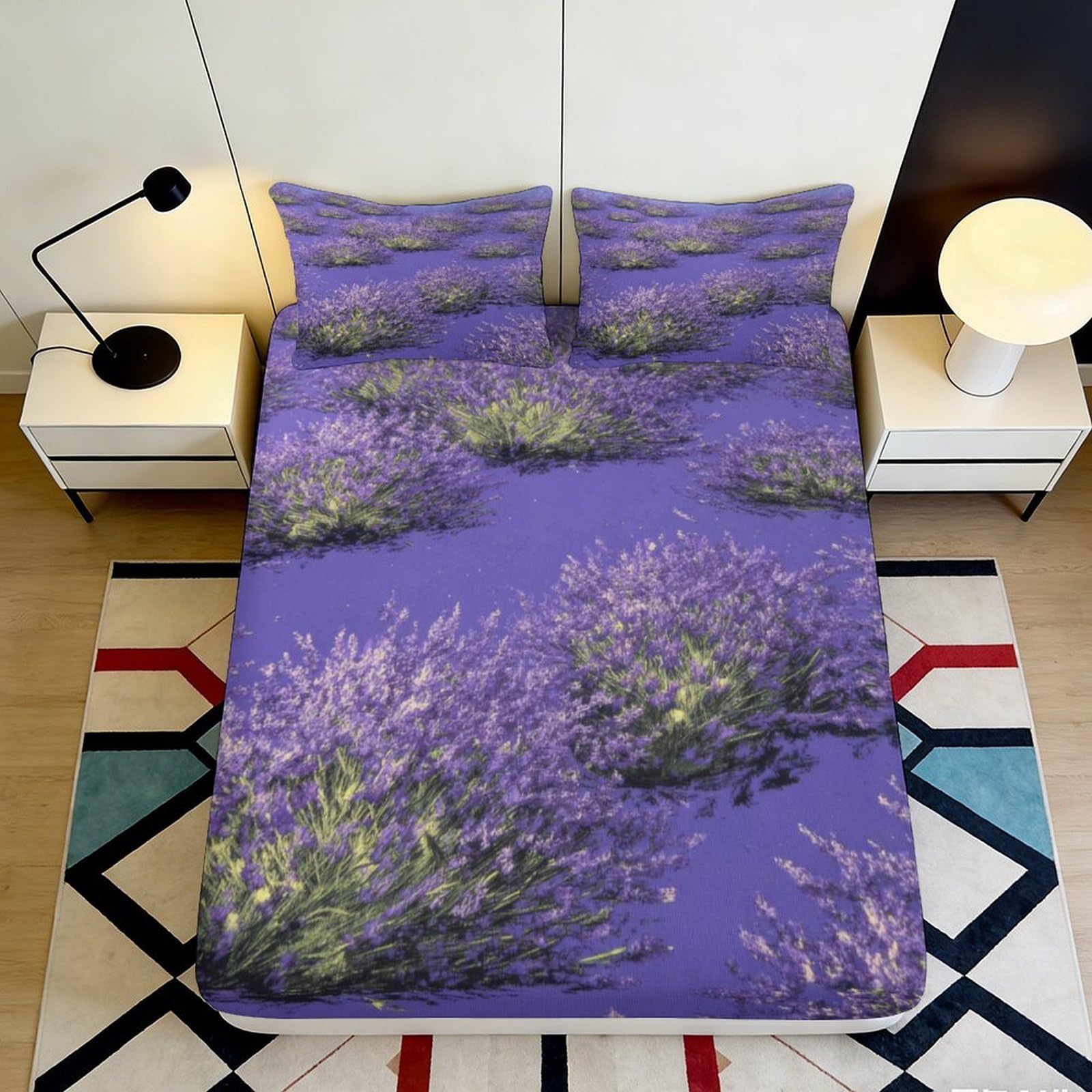 Jqzkxnhpbr Style-4 3D Printed Lavender Field Fitted Sheet Microfiber Anti-Slip Bed Cover For Bedroom Guest Room Dustproof Machine Washable 90X200x25cm