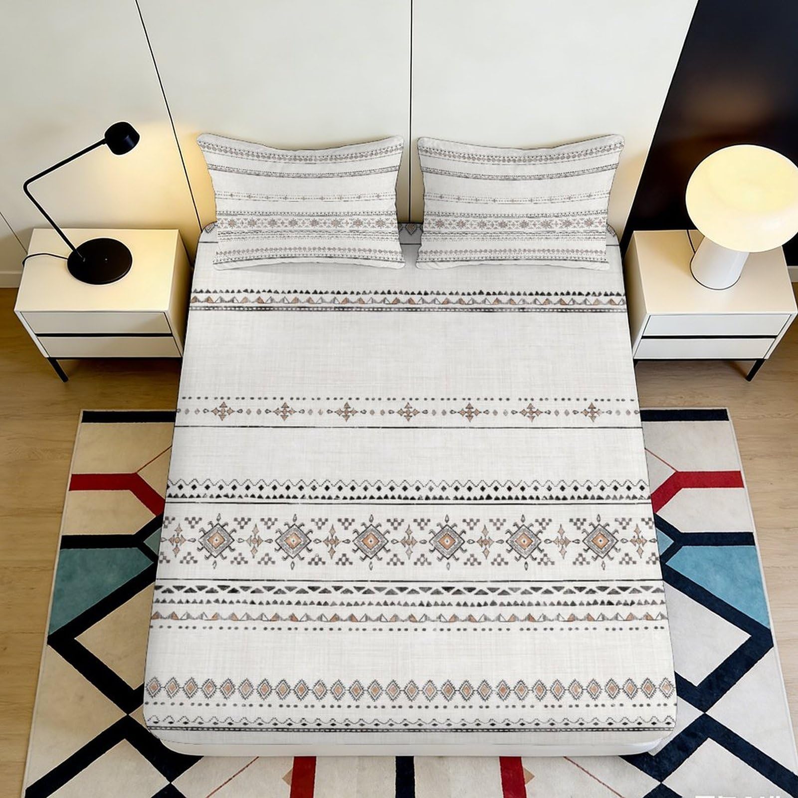 3D Printed Geometric Tribal Fitted Sheet Microfiber Soft Breathable Ethnic Stripe Bed Cover for Bedroom Dorm Decor 90x200x25cm