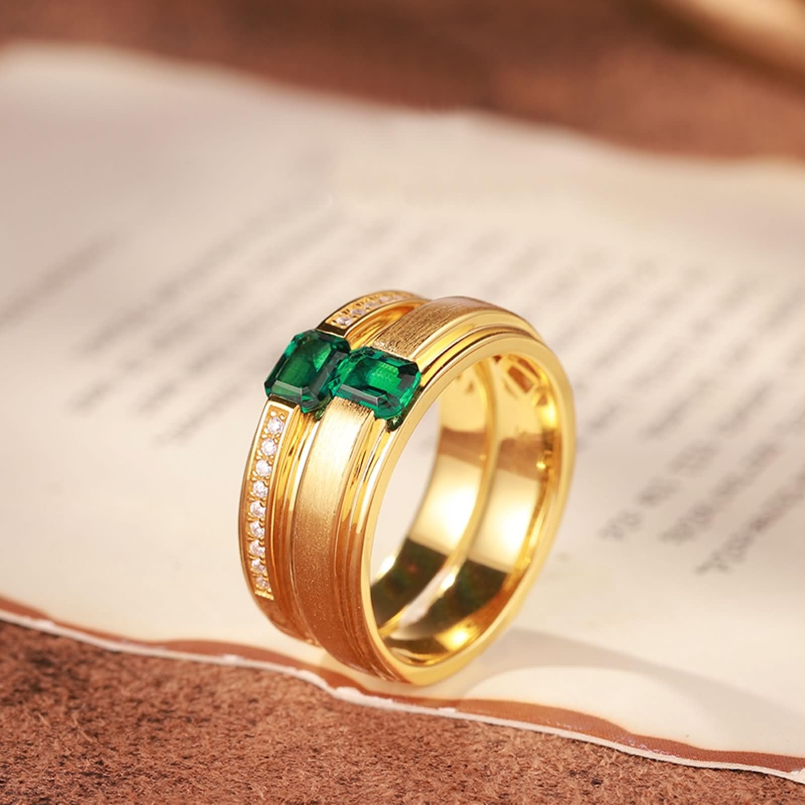 Anillos Boda de Oro Amarillo 9K / 14K / 18K para Parejas, Redondo Pulido y Rectángulo con Esmeralda de 0,5 ct y Moissanita, Anillos de Promesa Oro Verde Mujer Hombre