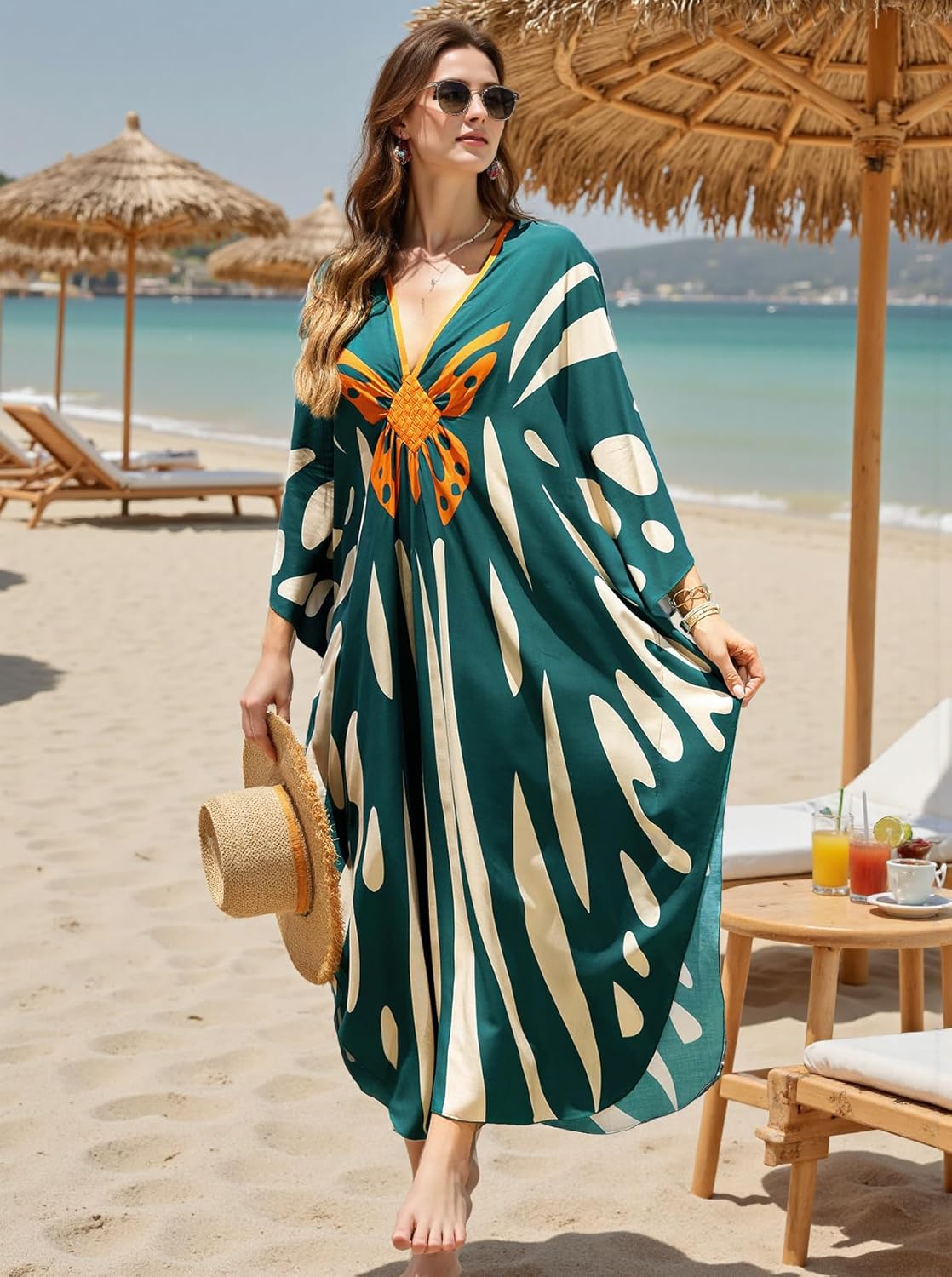 Kaftan Dresses for Women Plus Size Caftan Swimsuit Cover Up, Boho Beach Dress with Batwing Sleeves - Image 4