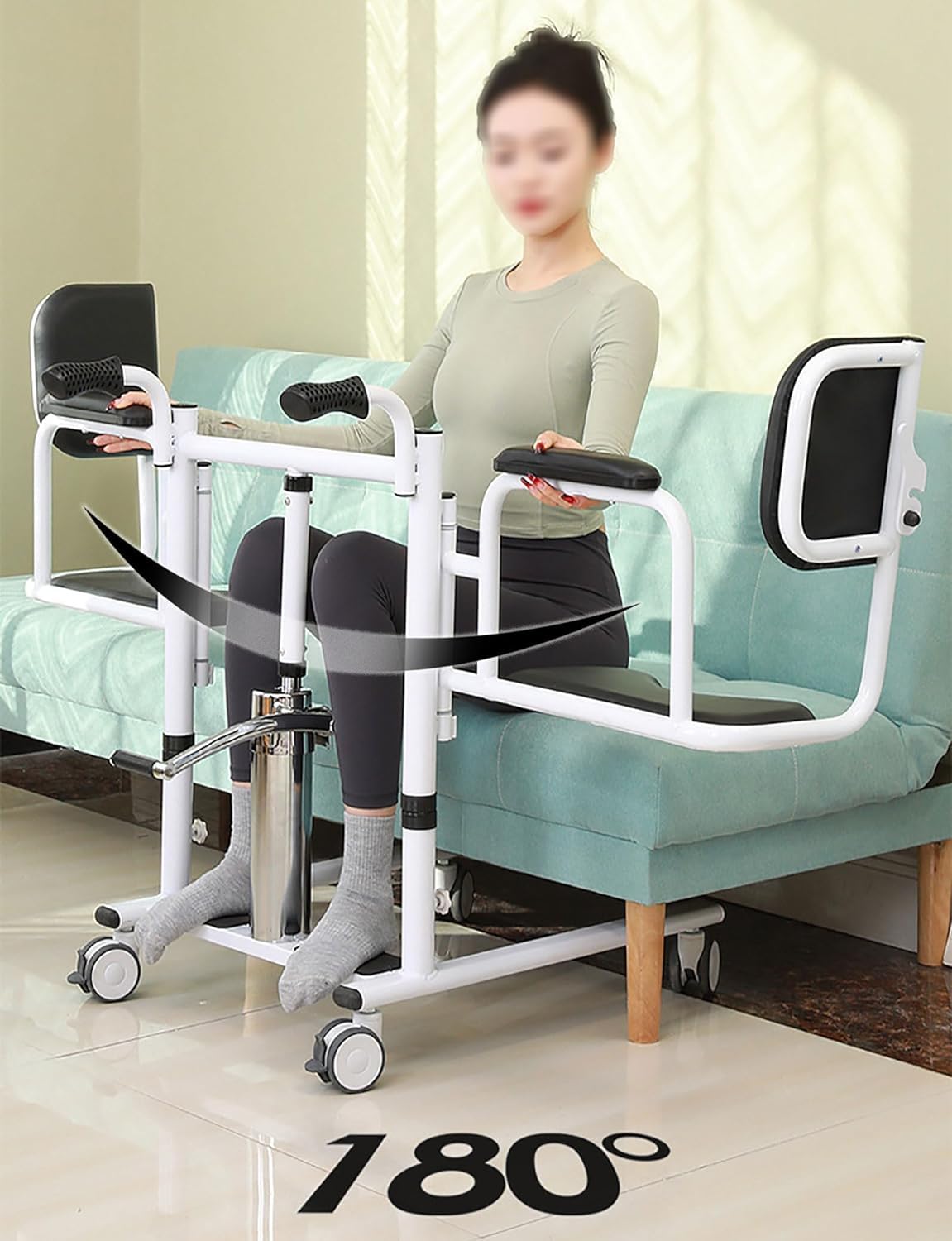 Patient Transfer Lift Chair with180°Split Seat and Potty Wheelchair - Hydraulic Patient Lift for Home Transport Chair Adjustable Height for Elderly and Disabled (Blue)