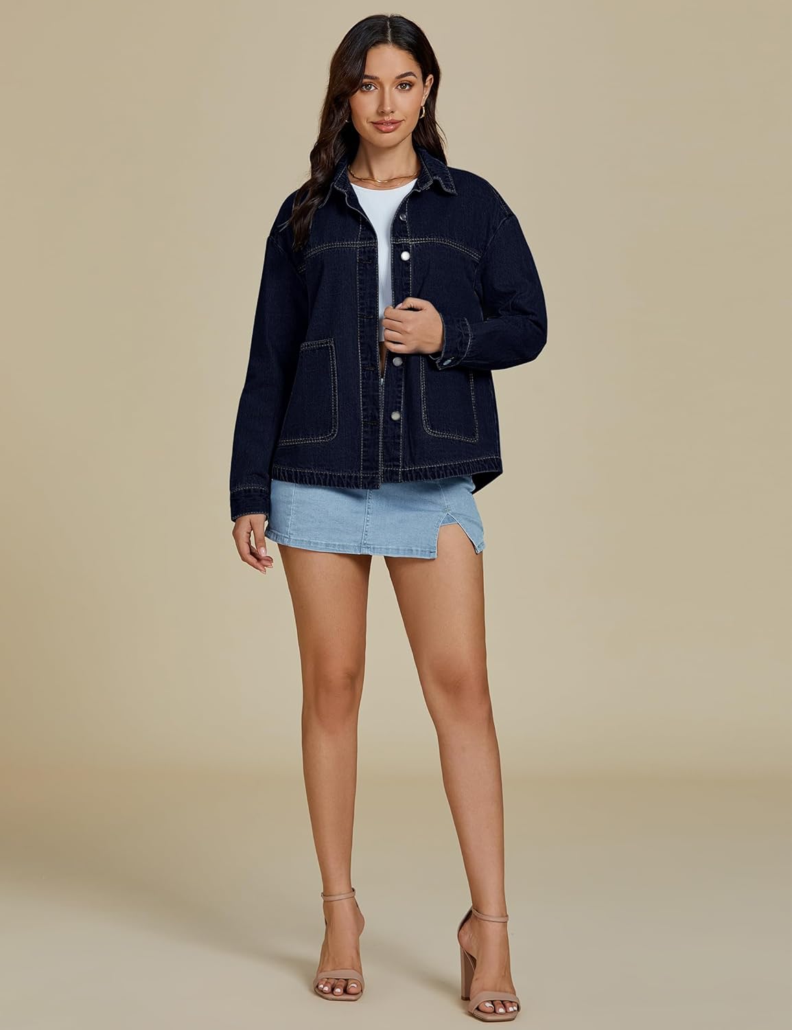 luvamia Denim Jackets for Women Trendy Oversized Long Sleeve Button Down Jean Jacket Casual Shacket with Patch Pockets - Image 7