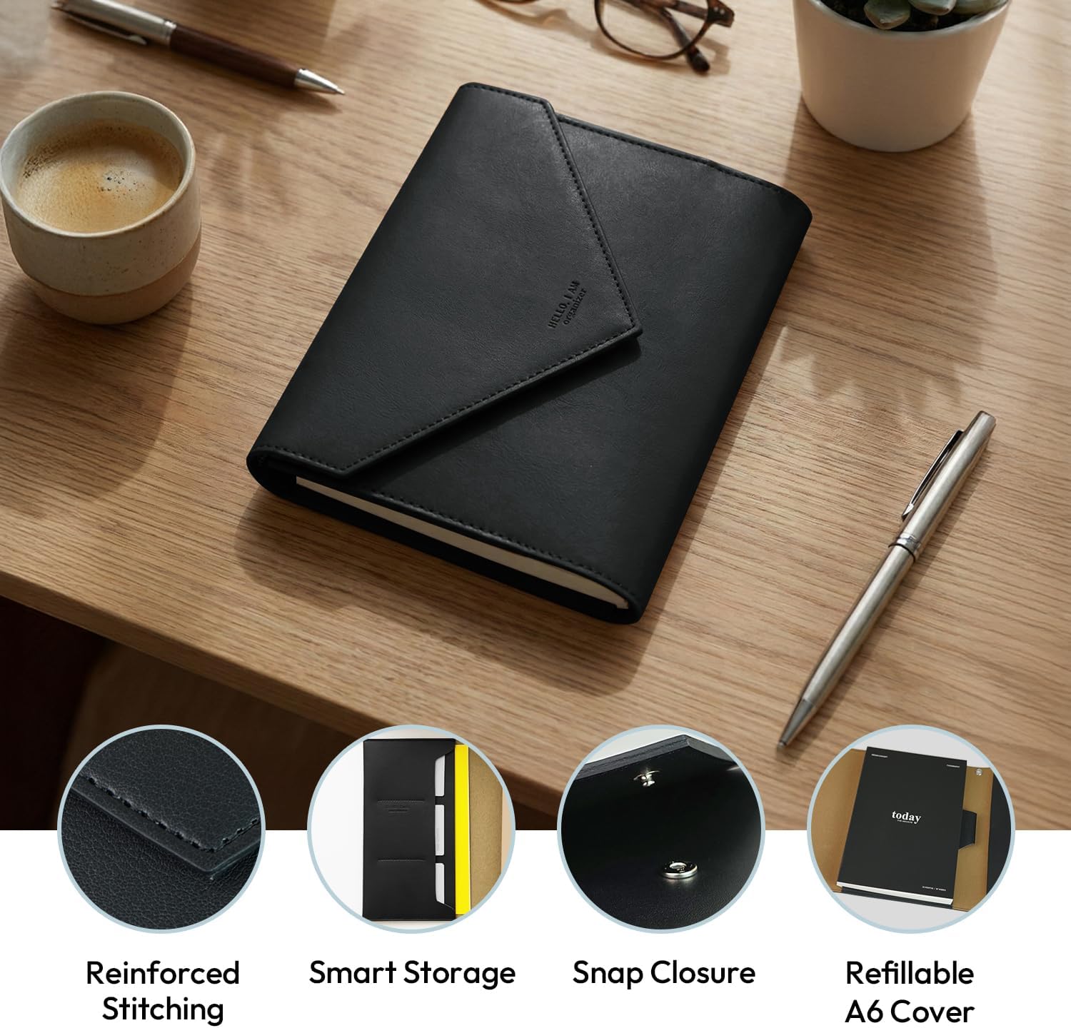 A6 Refillable Planner Organizer with Snap Closure, Undated Monthly Weekly Diary, Compact Clutch Notebook Cover with Card Pockets and Pen Holder, Travel Journal for Work Daily Use - Black