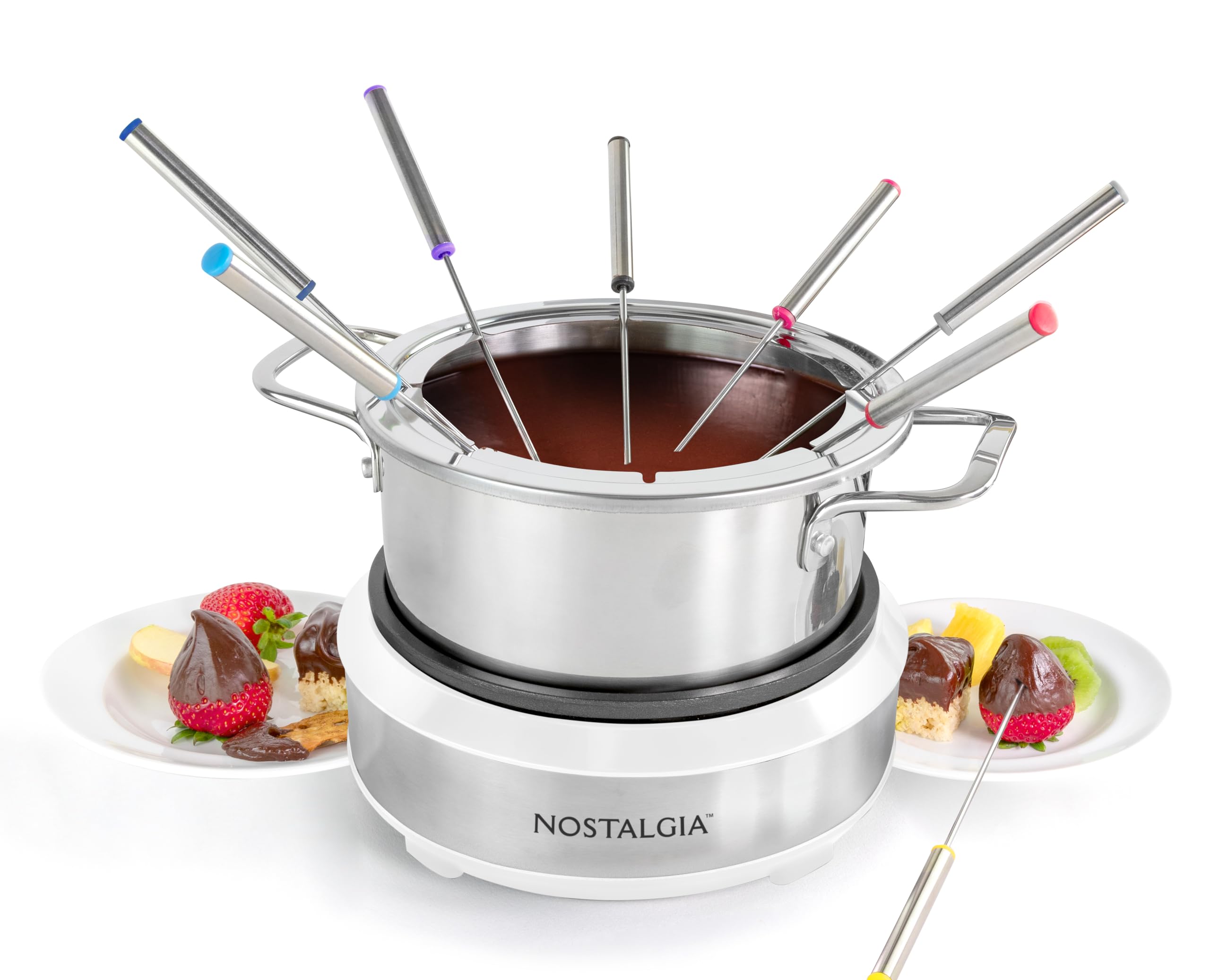 Nostalgia 8-Cup Electric Fondue Pot Set for Cheese &amp; Chocolate - 8 Color-Coded Forks, Temperature Control - Kitchen Gadgets and Appliances for Hors d'Oeuvres and More - White
