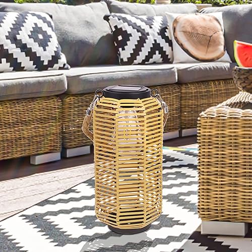 Livinlarge Farol solar para colgar al aire libre, farol solar de ratán impermeable para exteriores, con mango de cordel, luces solares brillantes