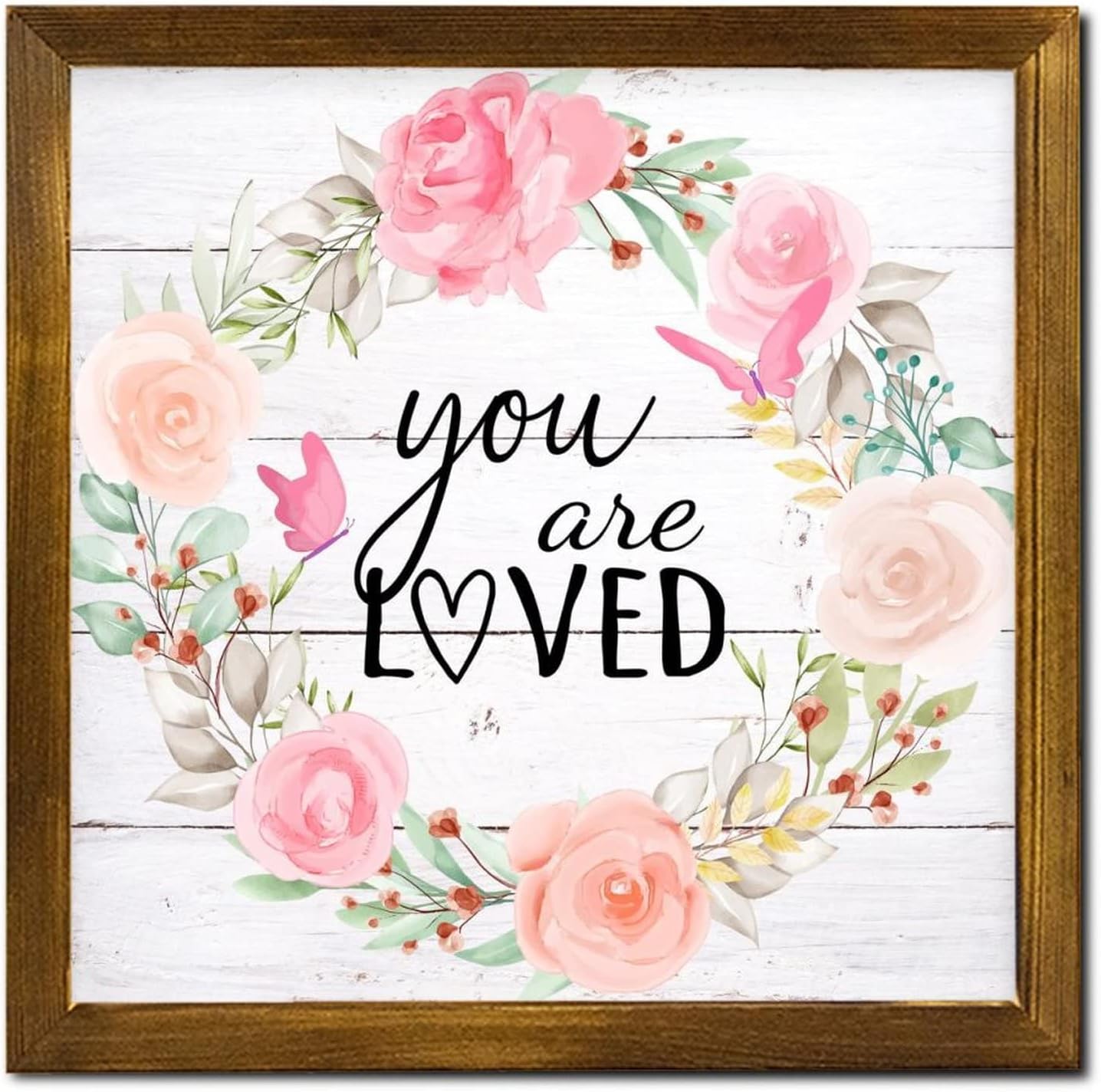 You are Loved Framed Wood Sign Spring Rose Flower Wreath Wood Plaque Retro Blossom Floral Wood Wall Hanging Decorative for Laundry Room Bathroom Bedroom Home 12x12 inch