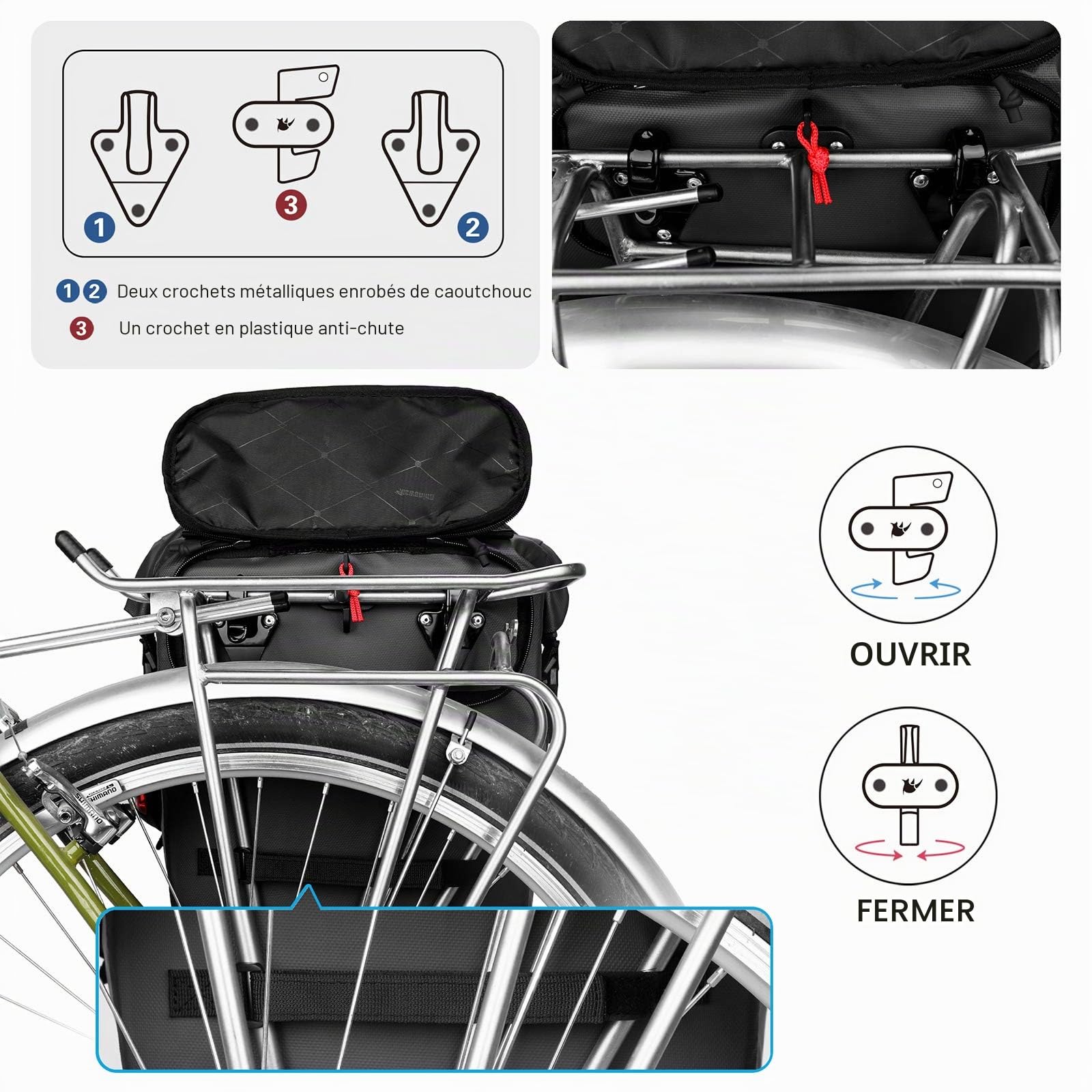 Rhinowalk Sacoche de vélo de 20 L avec housse de pluie - Sacoche arrière pour vélo - Sac de rangement pour ordinateur portable - Sac à dos avec bandoulière